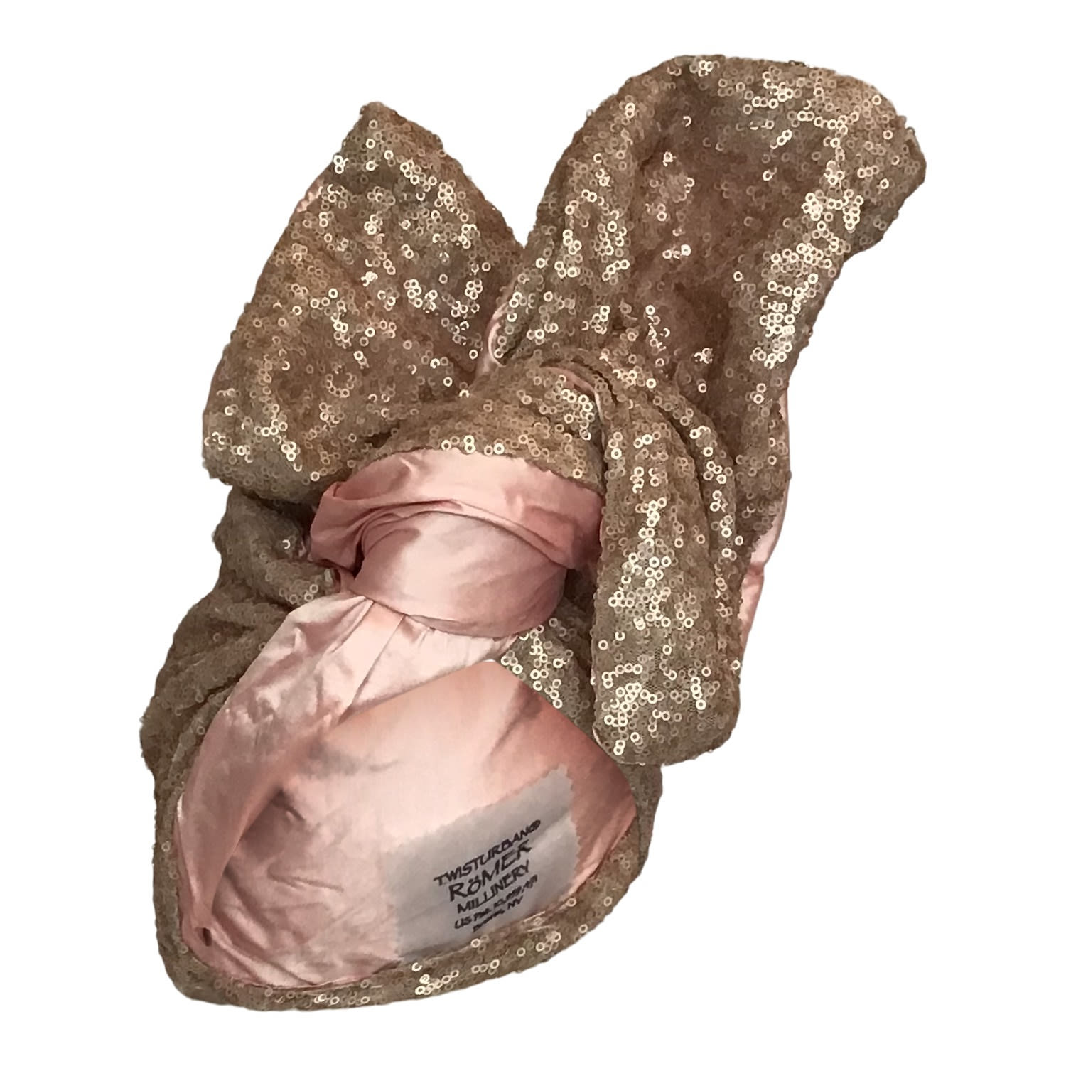 Romer Millinery Women's Orange Twisturban Turban In Pink Champagne Sequin & Pink Silk Shantung In Orange