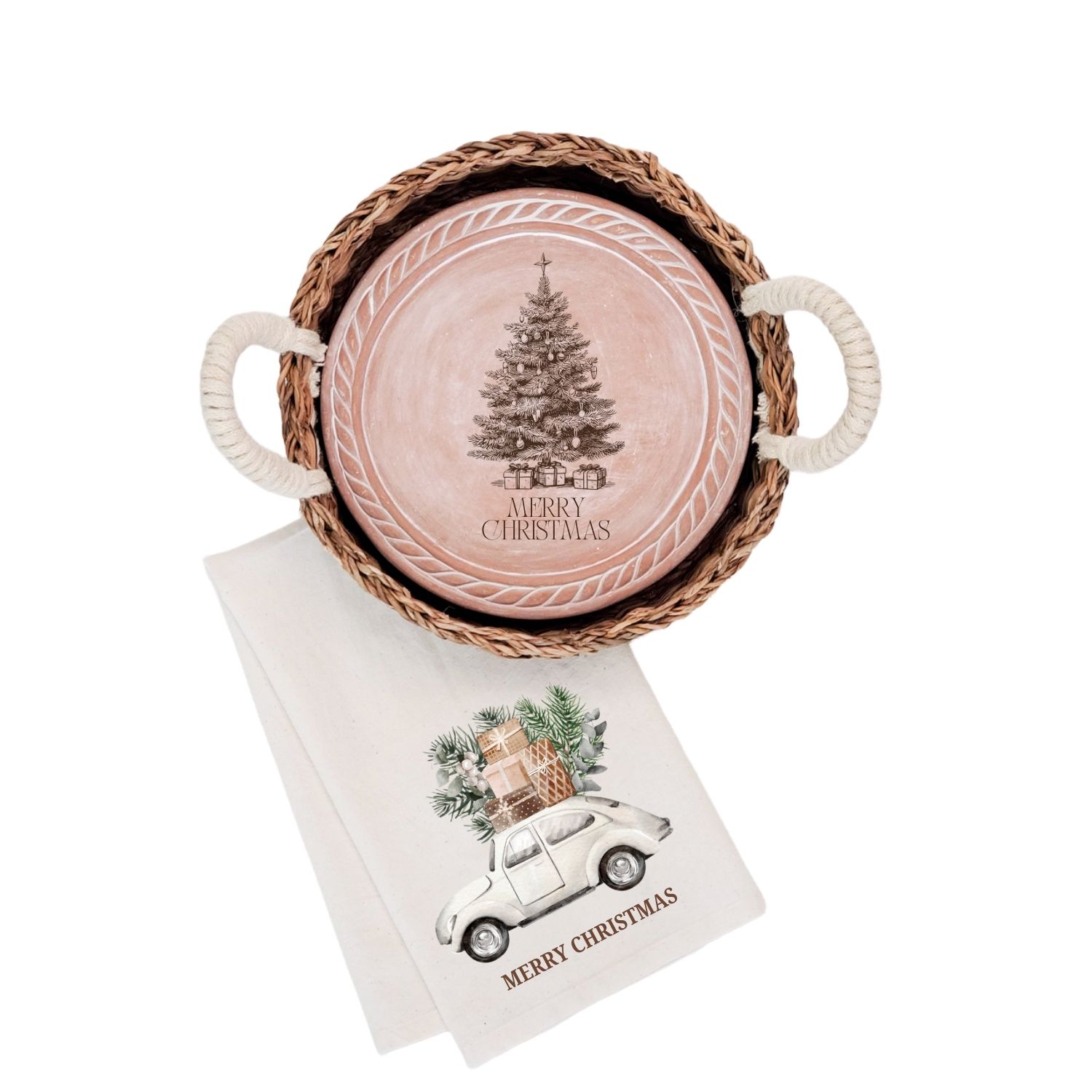 Korissa Neutrals Bread Warmer & Basket Gift Set With Tea Towel - Christmas Tree Round In Multi