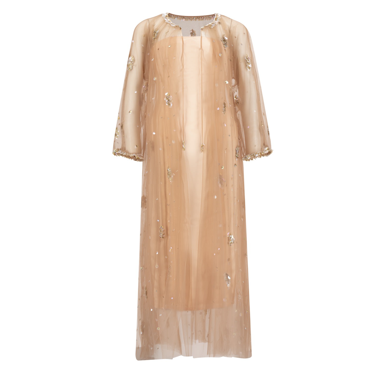 Azzalia Women's Tulle Cape With Full Length Metal Embroidery Beige Color In Beige