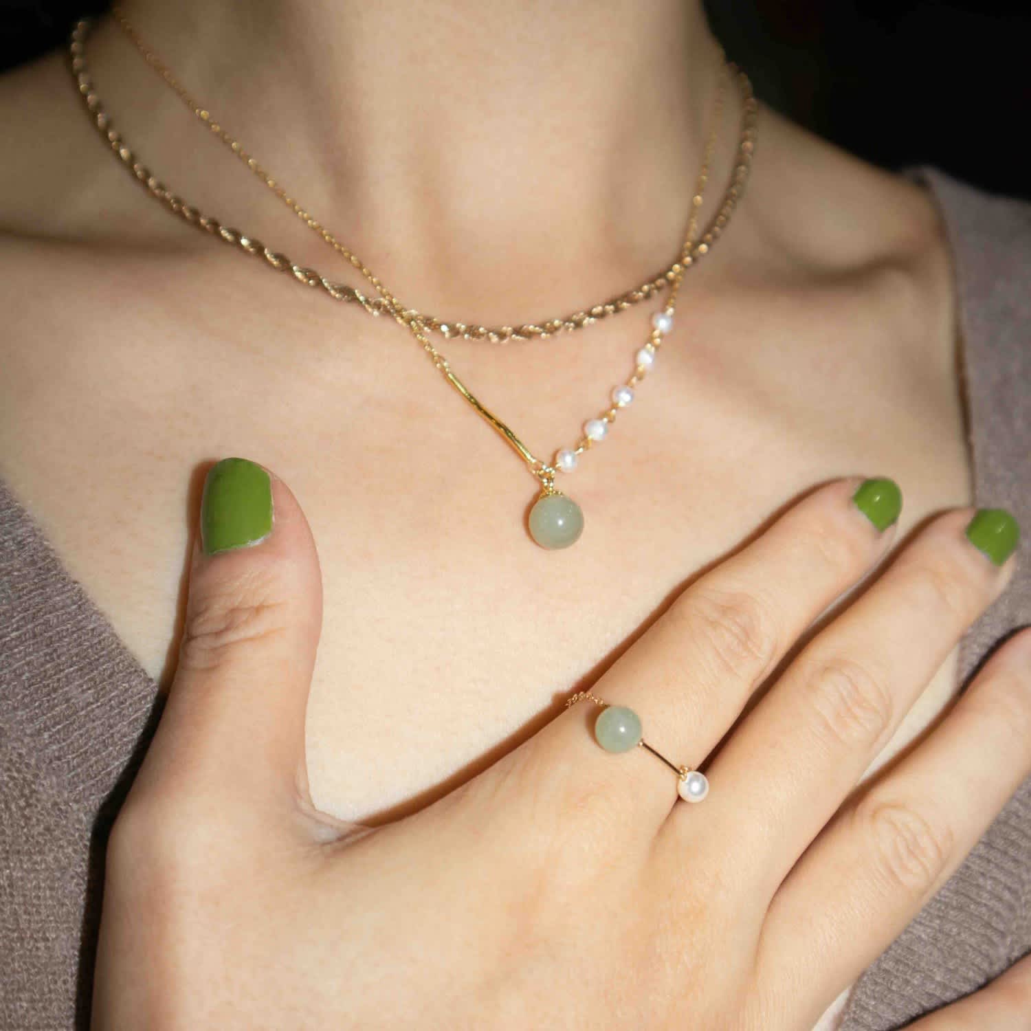 Isla Green Jade Freshwater Pearl Necklace seree Wolf Badger