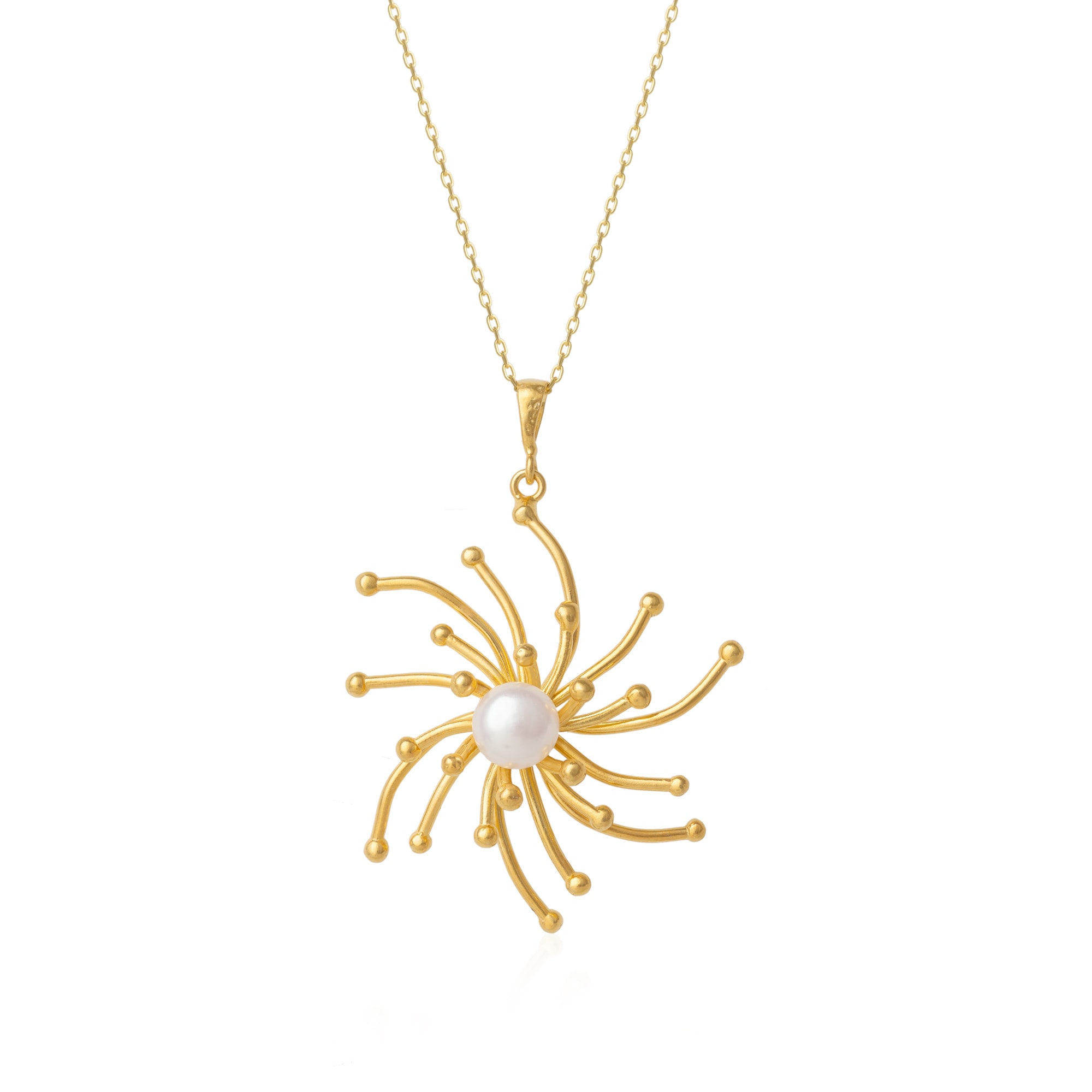 Women’s Pearl Sun Molten Dripping Sunburst Sterling Silver Pendant Necklace - Gold Spero London