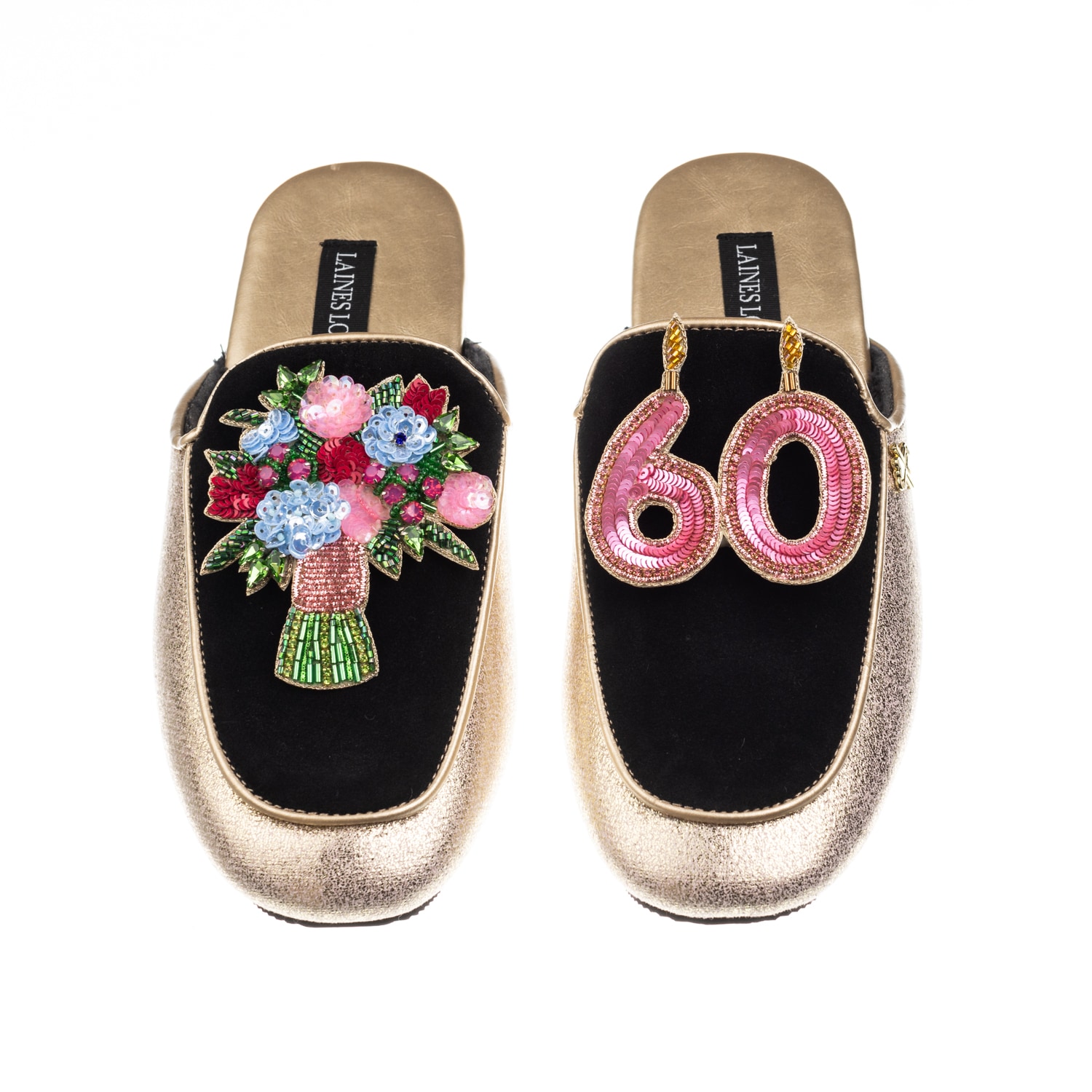 Laines London Women's Black / Gold Classic Mules With 60th Birthday & Flowers Brooches - Black & Gold In Black/gold