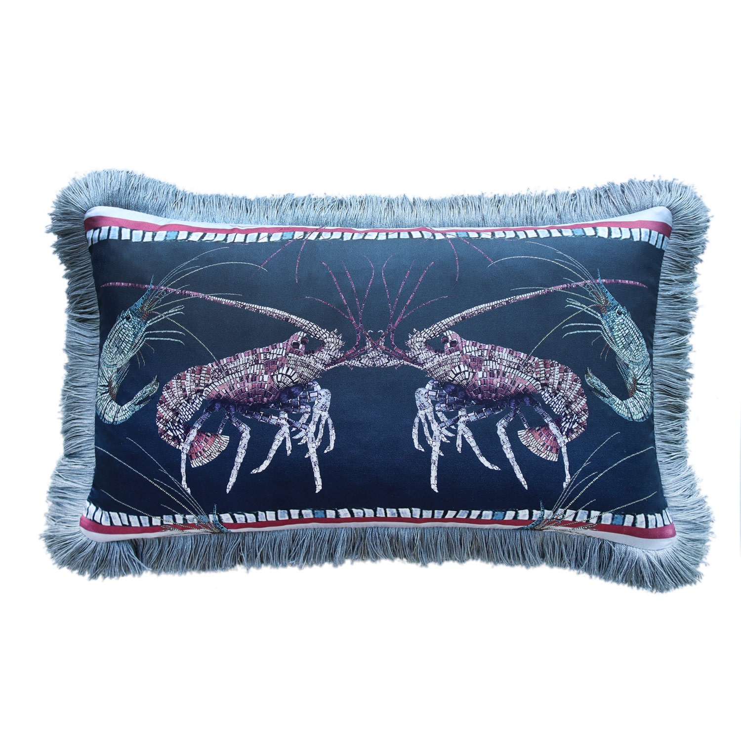 Neutrals / Blue Lobster And Prawn Mosaic Silk Cushion - Navy Cassandra Hone