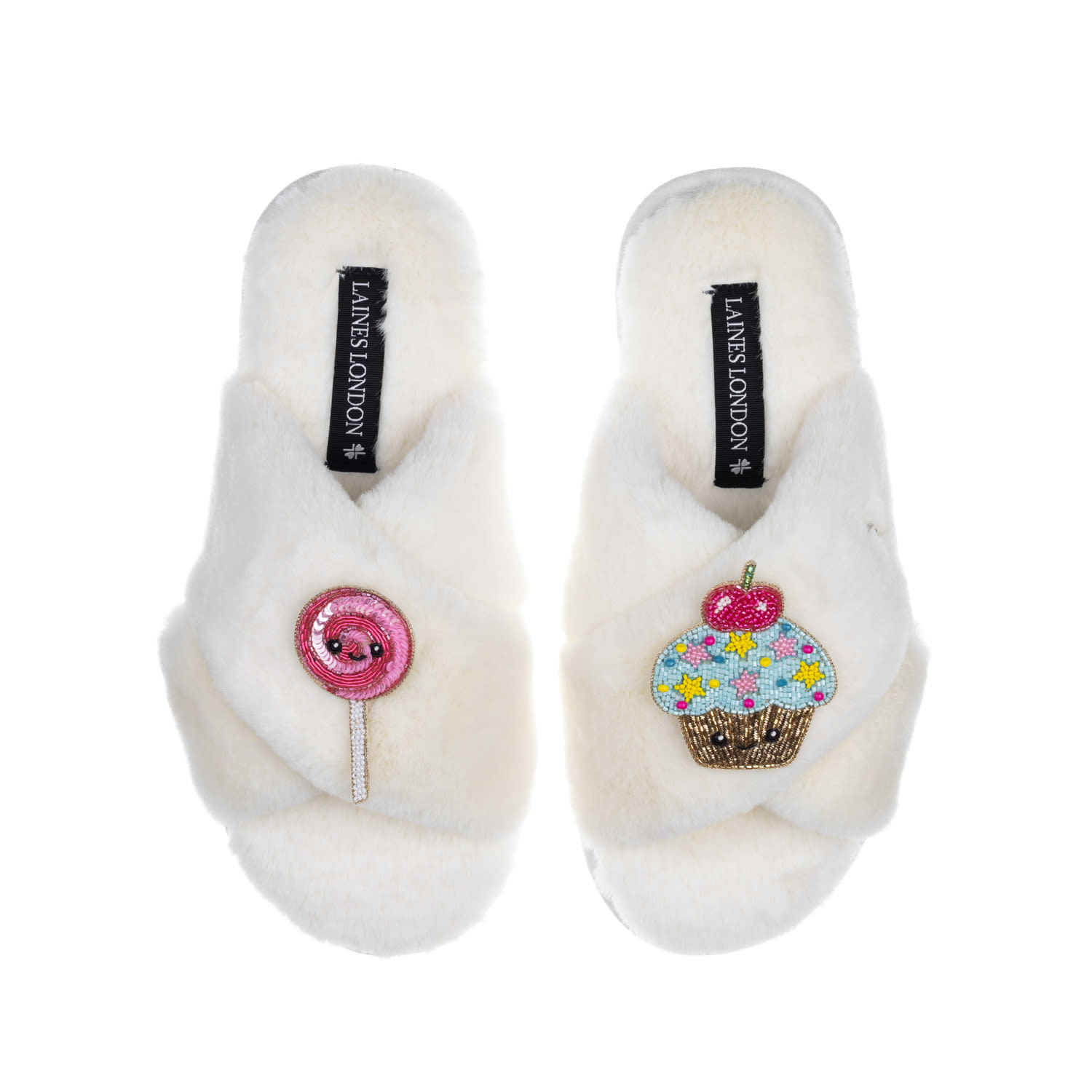 Laines London Women's White Classic Slippers With Laines Loveables Lollipop & Cupcake Brooches - Cream In White