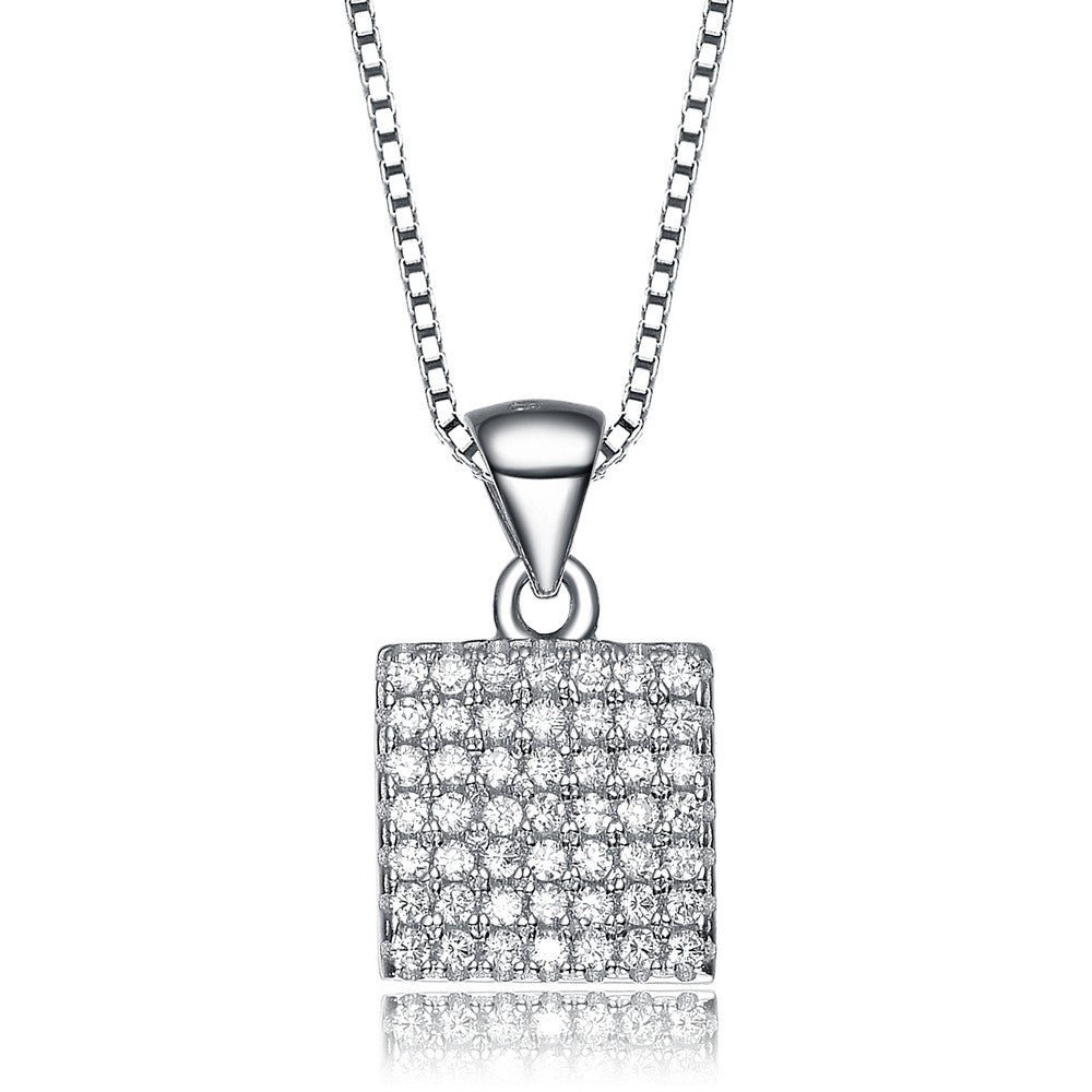 Women’s White / Silver Cz Sterling Silver Rhodium Plated Square Shape Pendant Genevive Jewelry