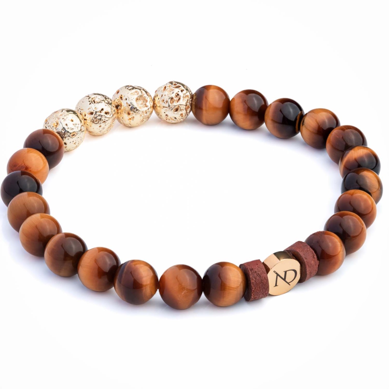 Men’s Brown Leather & Gold Beaded Tigers Eye Gemstone Bracelet N’damus London