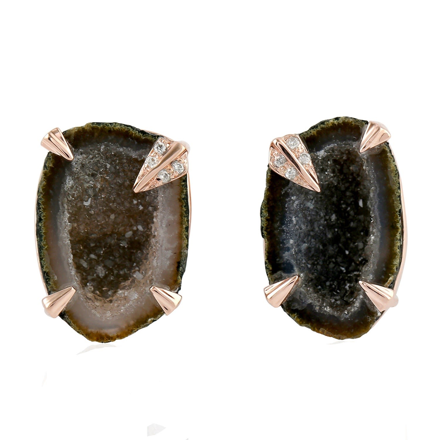 Artisan Women's White / Rose Gold Uneven Geode Gemstone & Diamond Stud Earrings In Solid Rose Gold
