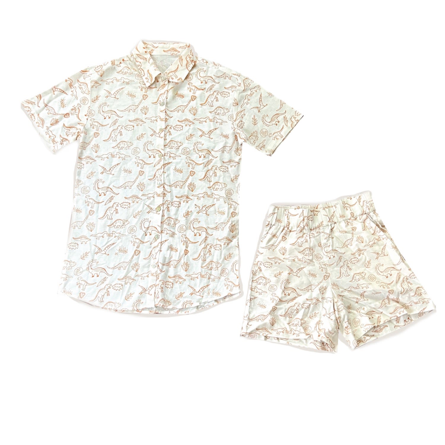 My Little Belleville White Porto Two Piece Shorts & Button Up Set, Activist Dino Print, Romper, Play Set In White