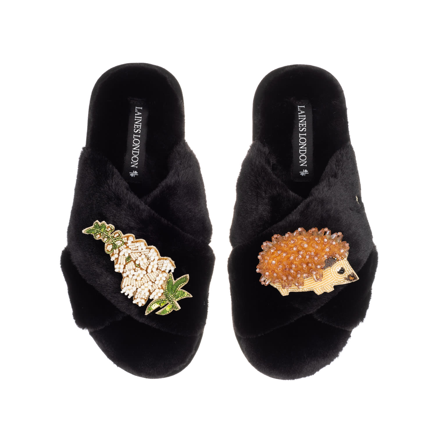 Laines London Women's Classic Laines Slippers With Hedgehog & White Foxglove Flowers Brooches - Black In Black