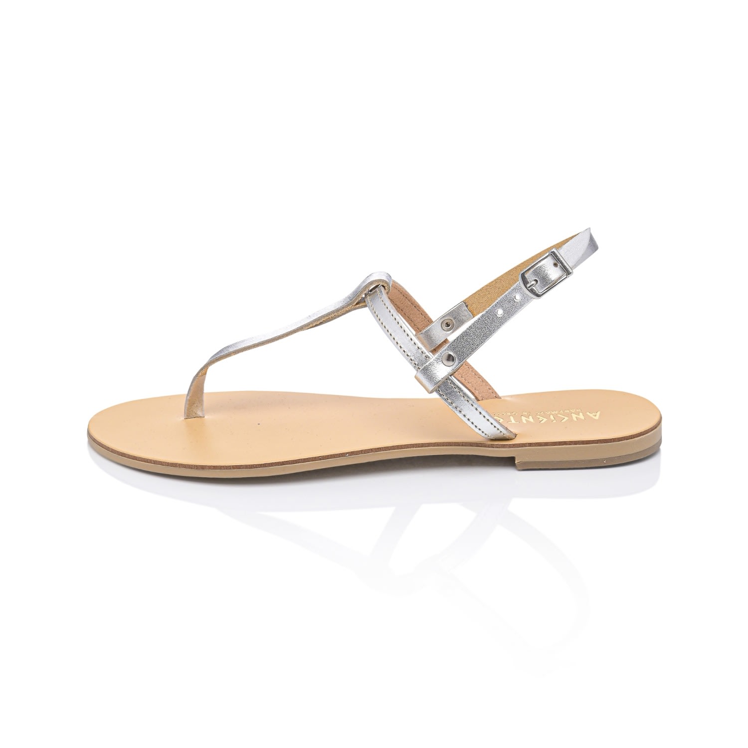 Ancientoo Neutrals / Silver Brizo Silver/nude Handcrafted Women's Leather T-strap Sandals – Designer Fashion F In Metallic