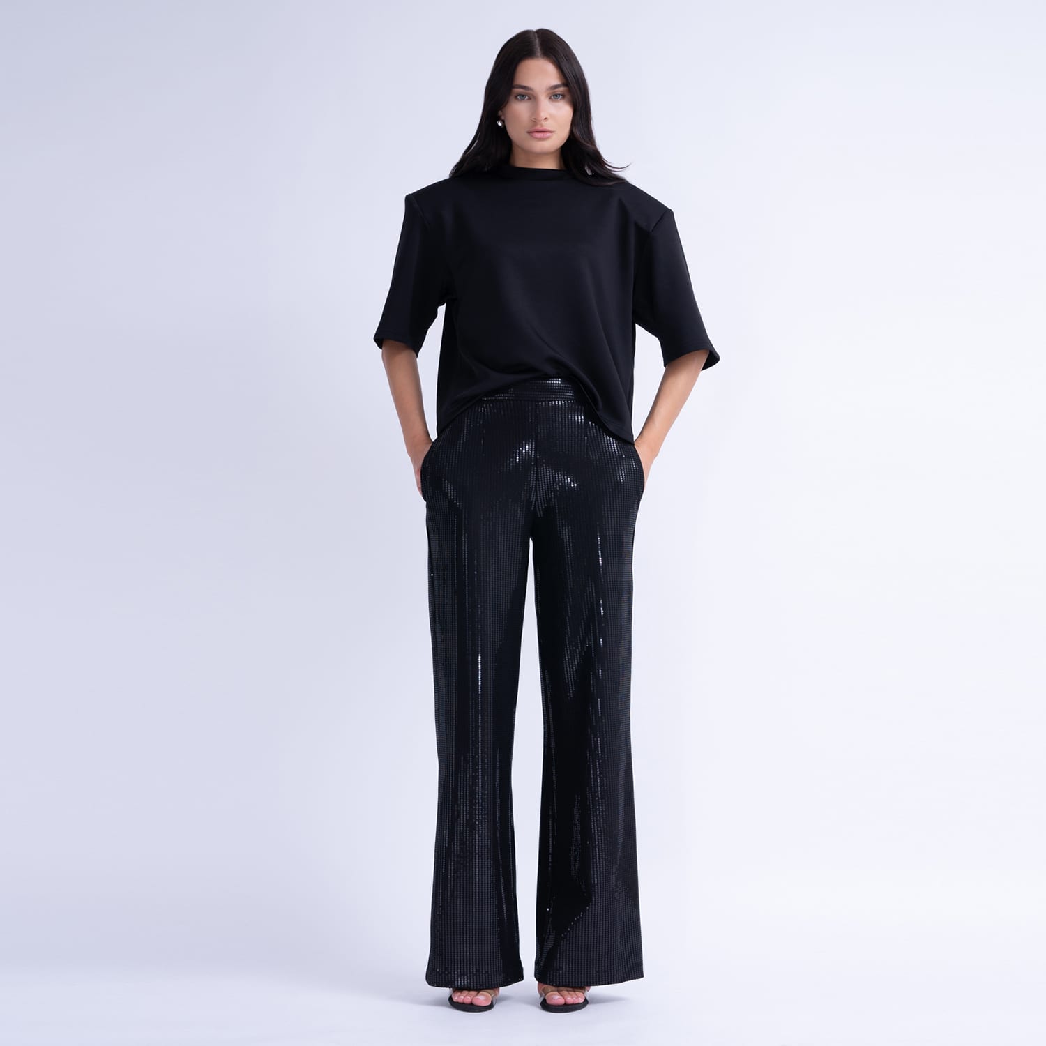 Black Sequin Tailored Wide Leg Pants