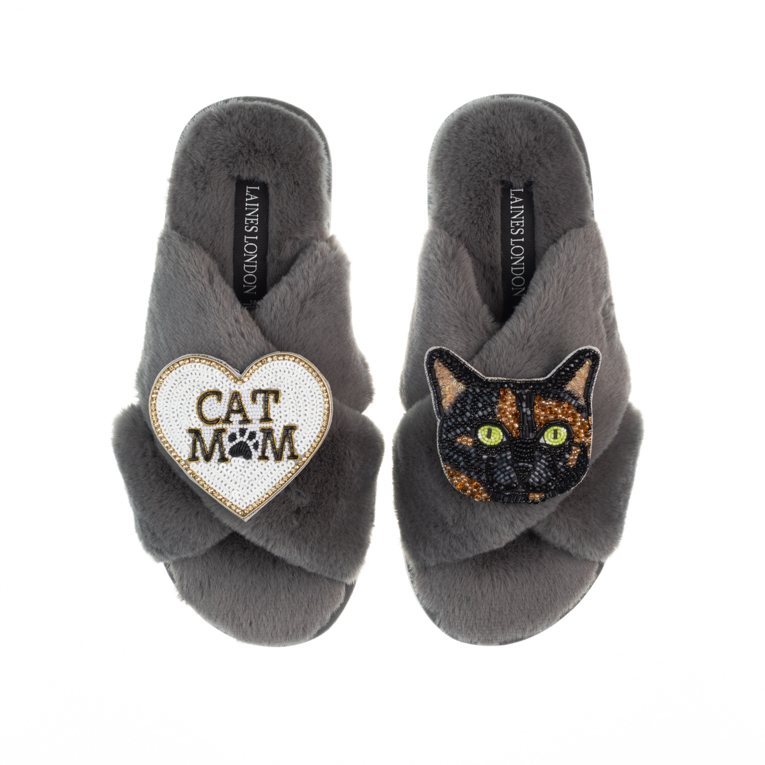 Laines London Women's Classic Laines Slippers With Cat Mum / Mom & Misty Cat Brooches - Grey