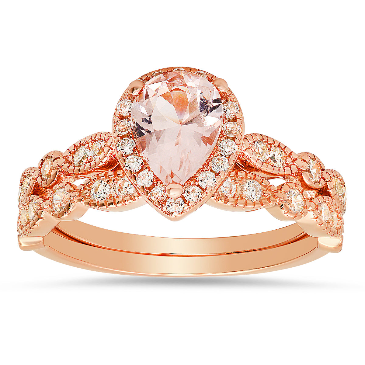 Women’s Rose Gold Pear Cut Morganite Halo Stackable Ring Set Kylie Harper