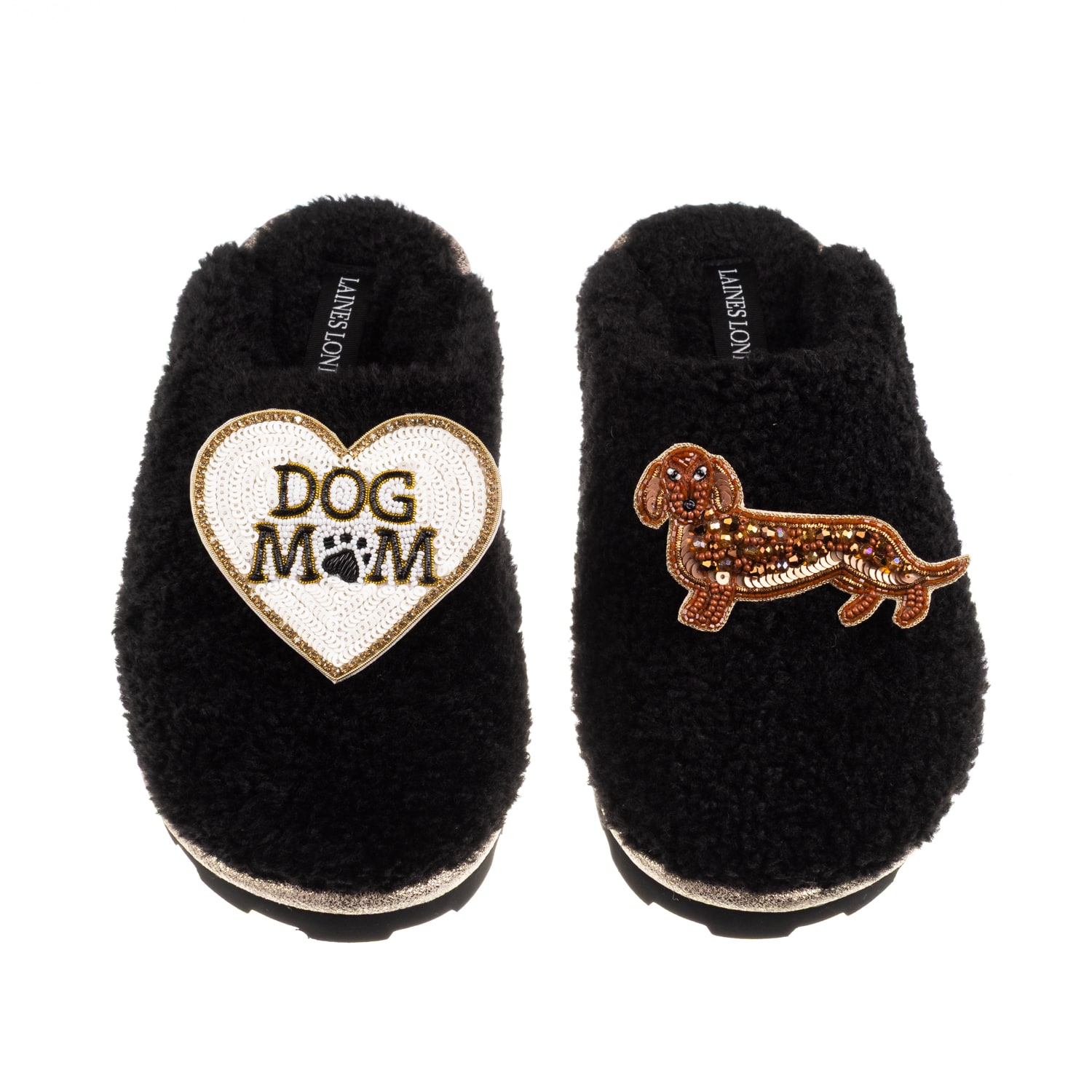 Laines London Women's Teddy Closed Toe Slippers With Dog Mum/mom & Red Dachshund Brooches - Black In Animal Print