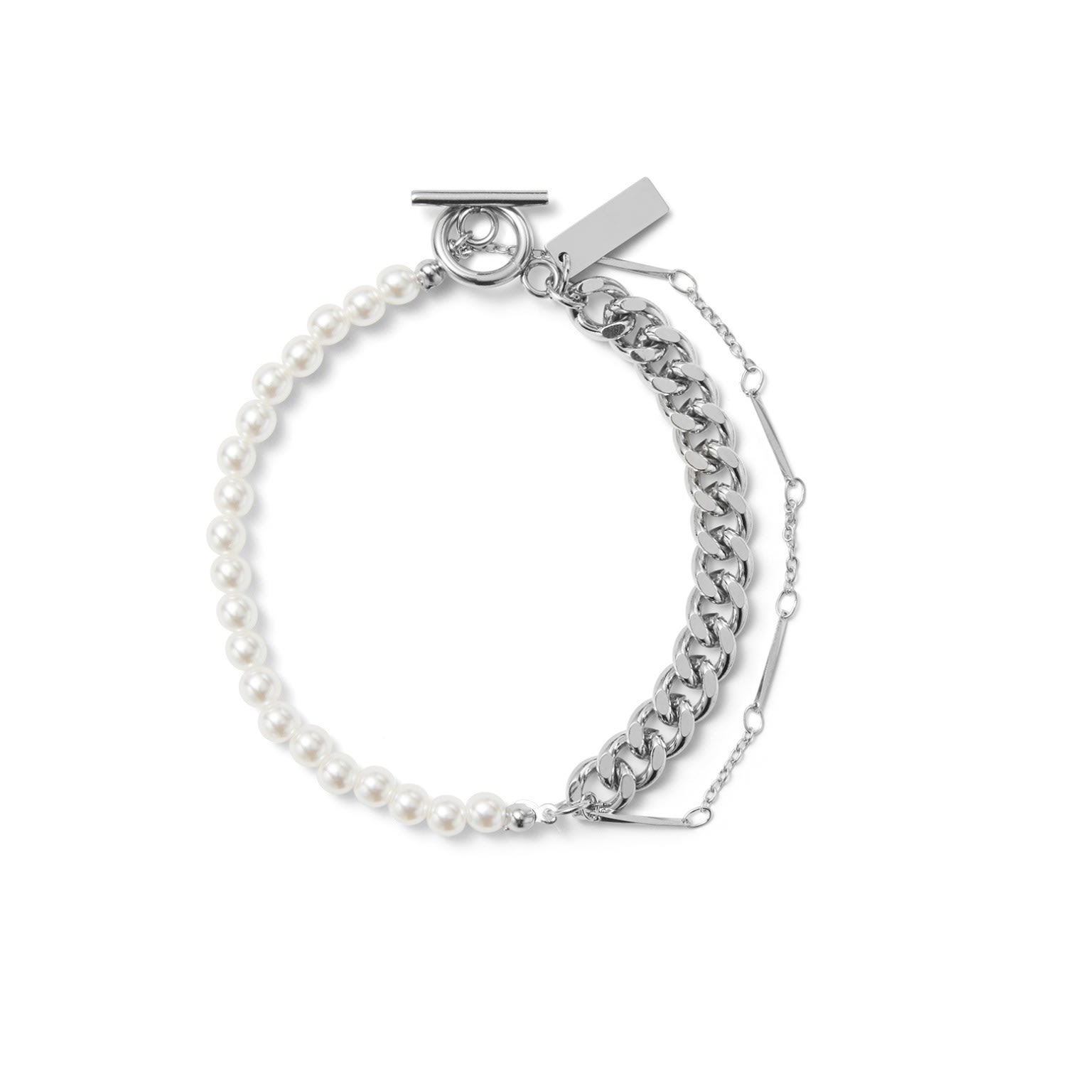 Undefined Jewelry Men's White / Silver Pearl & Chain Layered Bracelet White_m Mmrz In Multi