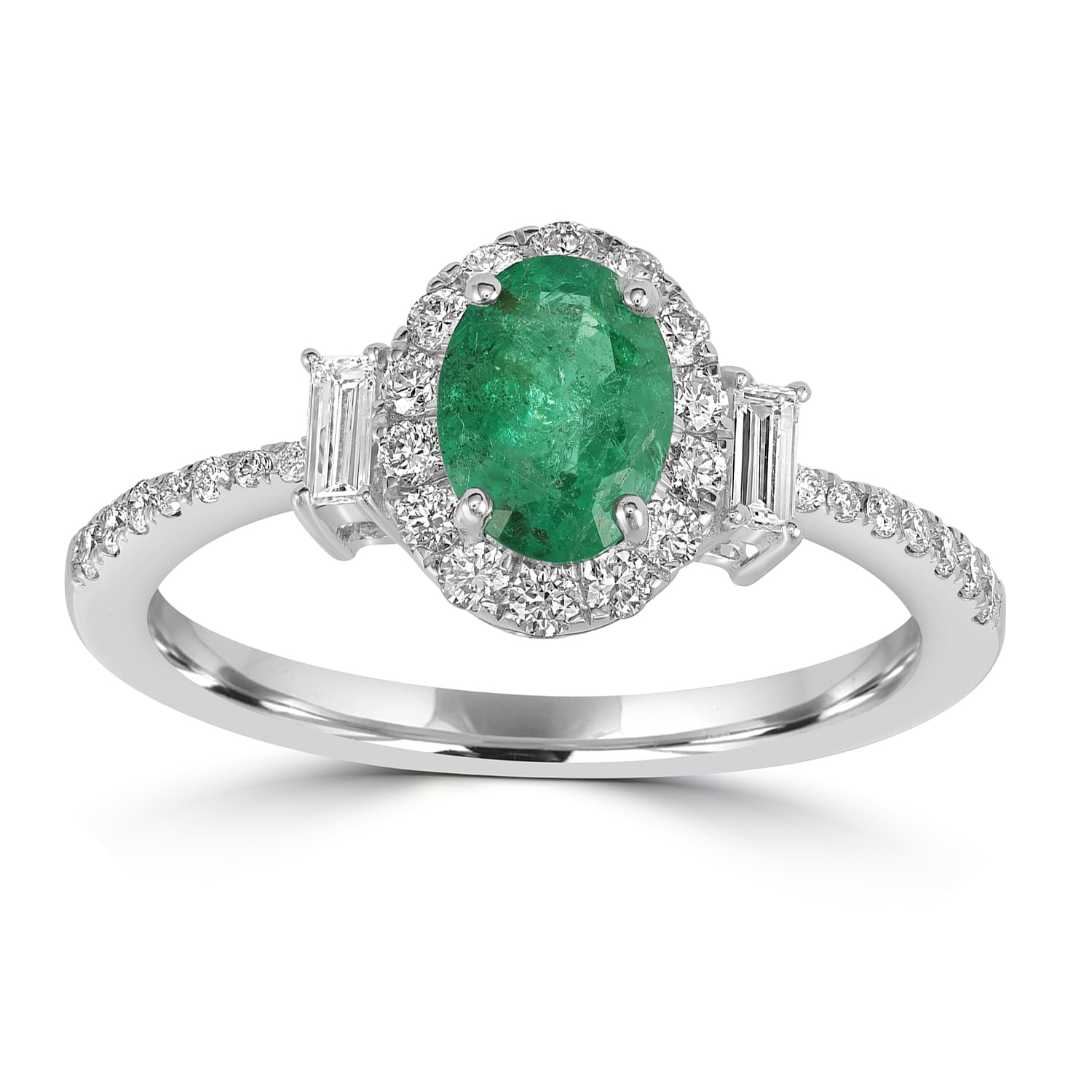Artisan Women's Green / White Baguette Cut Diamond & Oval Emerald Designer Ring In White Gold