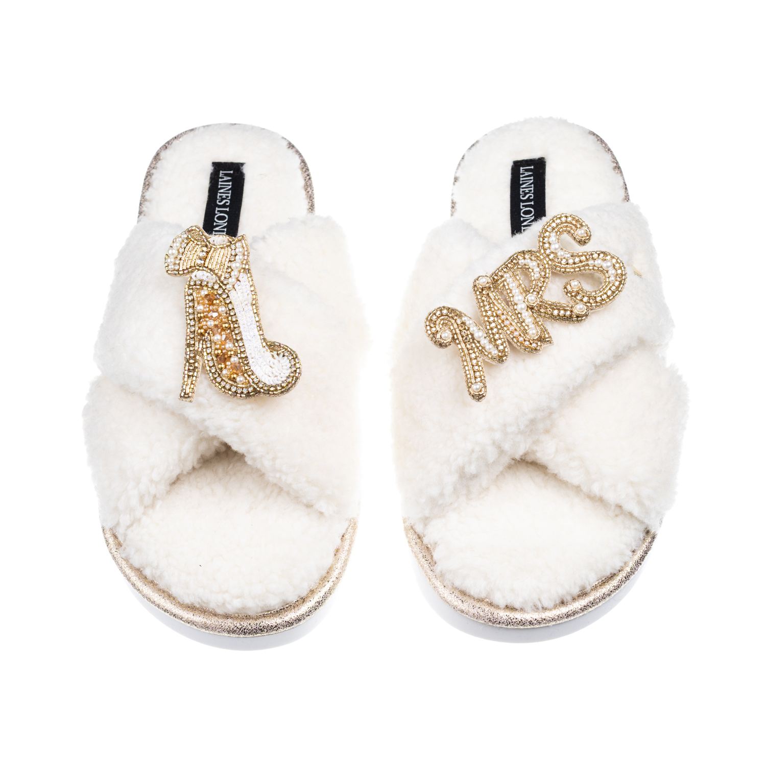 Laines London Women's Neutrals / White Laines Neutral Boucle Slippers With Wedding Heel & Mrs Brooches - Cream