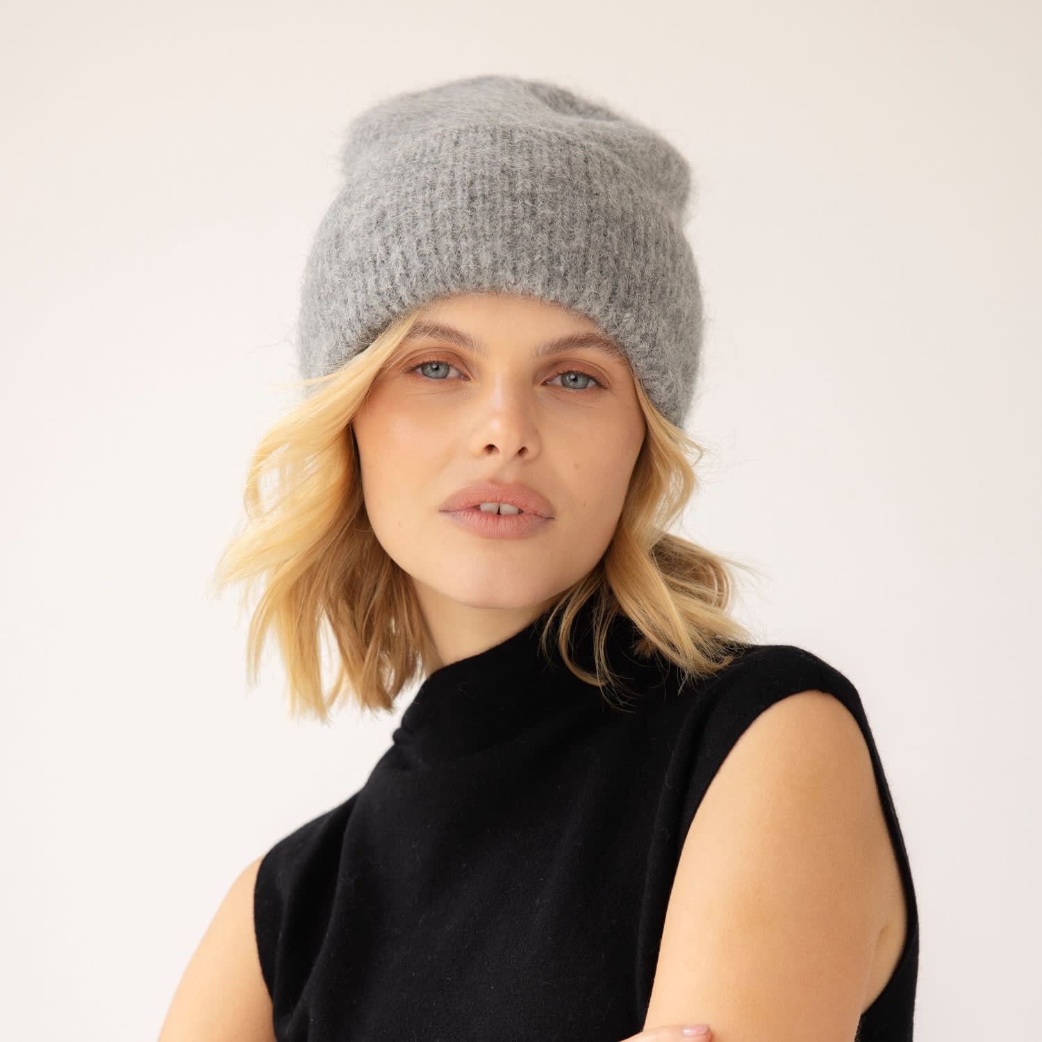 LoveShackFancy Dani Cloudy Grey Chunky Wool Beanie Alpaca Fluff Double Knit Reversible Baby Alpaca Hat | Luxury Beanie  main image 3