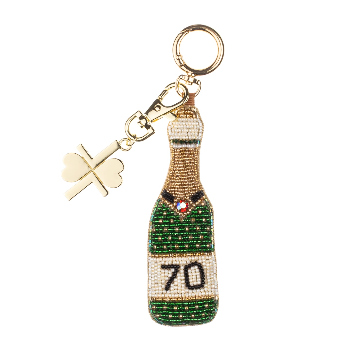 Women’s Gold / Green / White Milestone Birthday Champagne Hand-Beaded Bag Charm – 70Th | Laines London