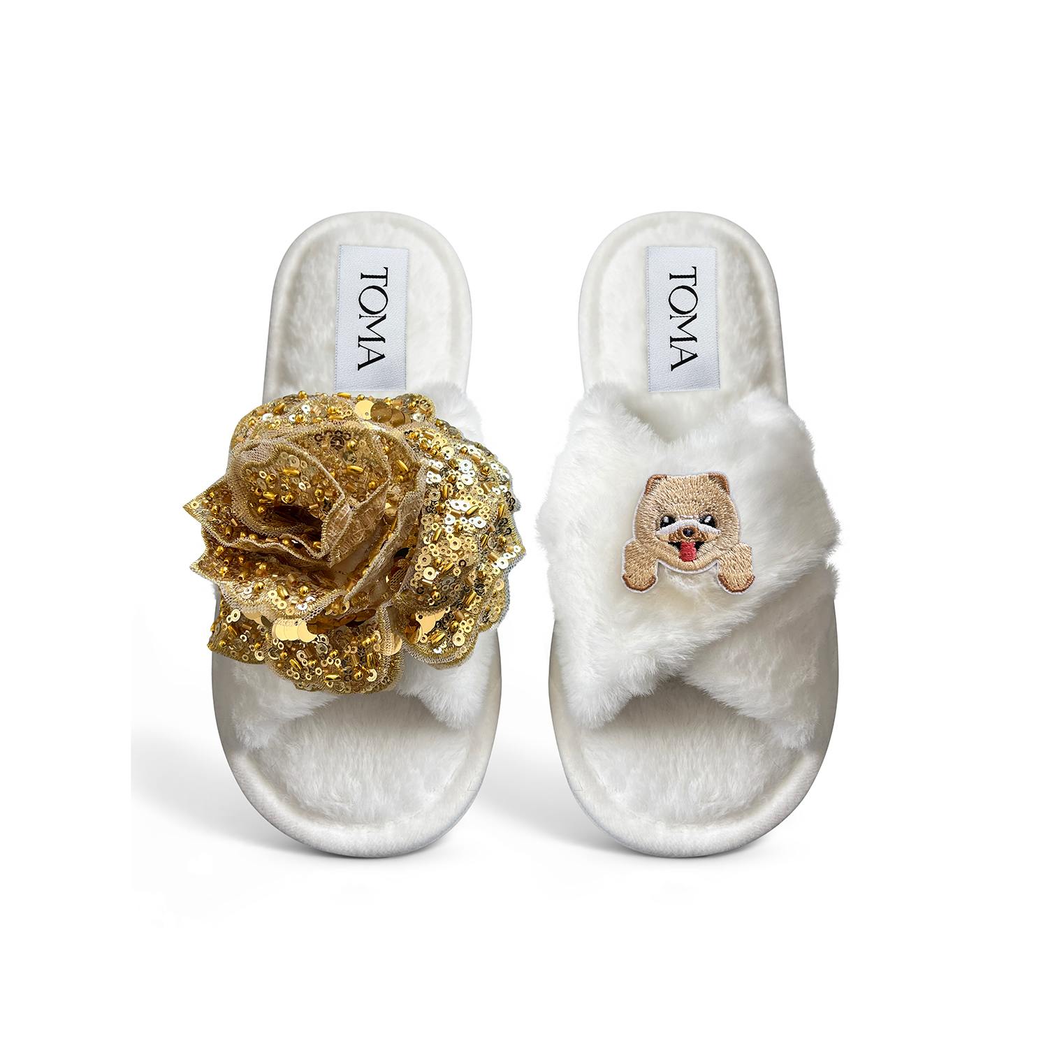Toma Women's White Classic  Open Toe Gold Sequin Flower And Dog Four Slippers