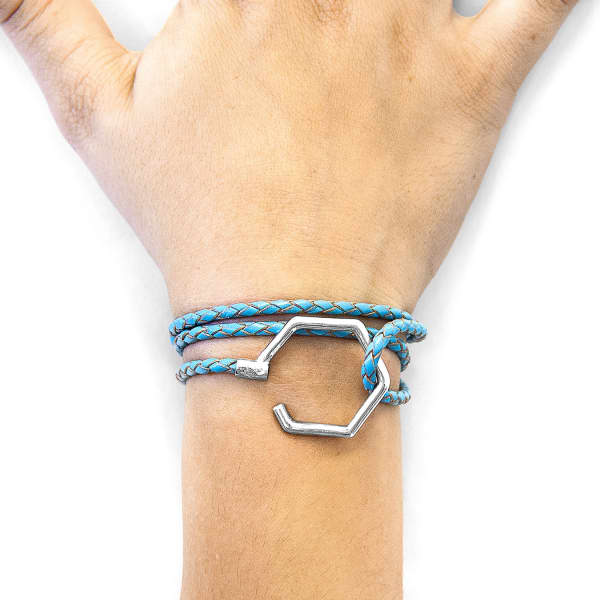 Anchor & Crew Turquoise Blue Storey Silver & Braided Leather Bracelet