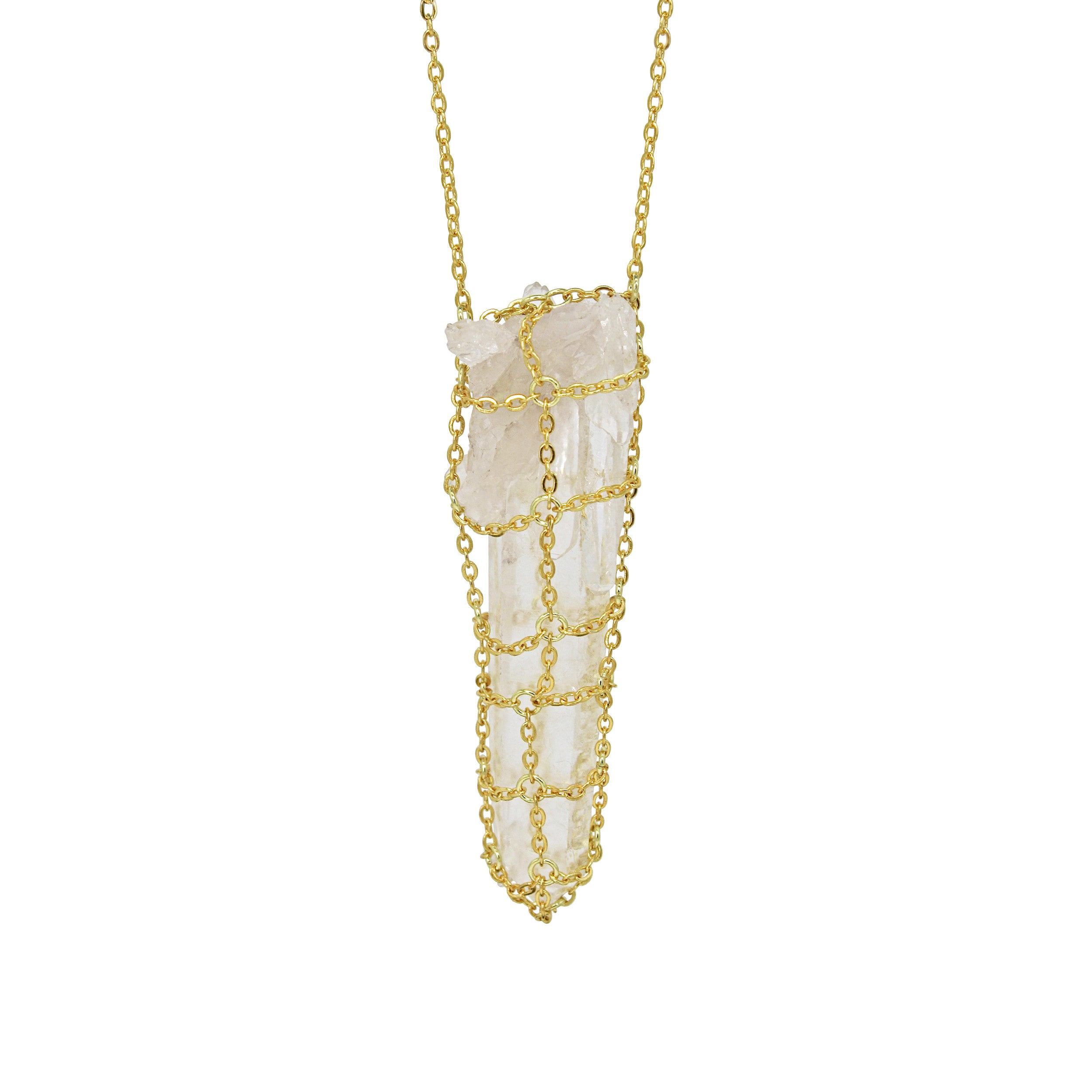 Mhart Women's Caged Quartz Spike Gold Brass Necklace