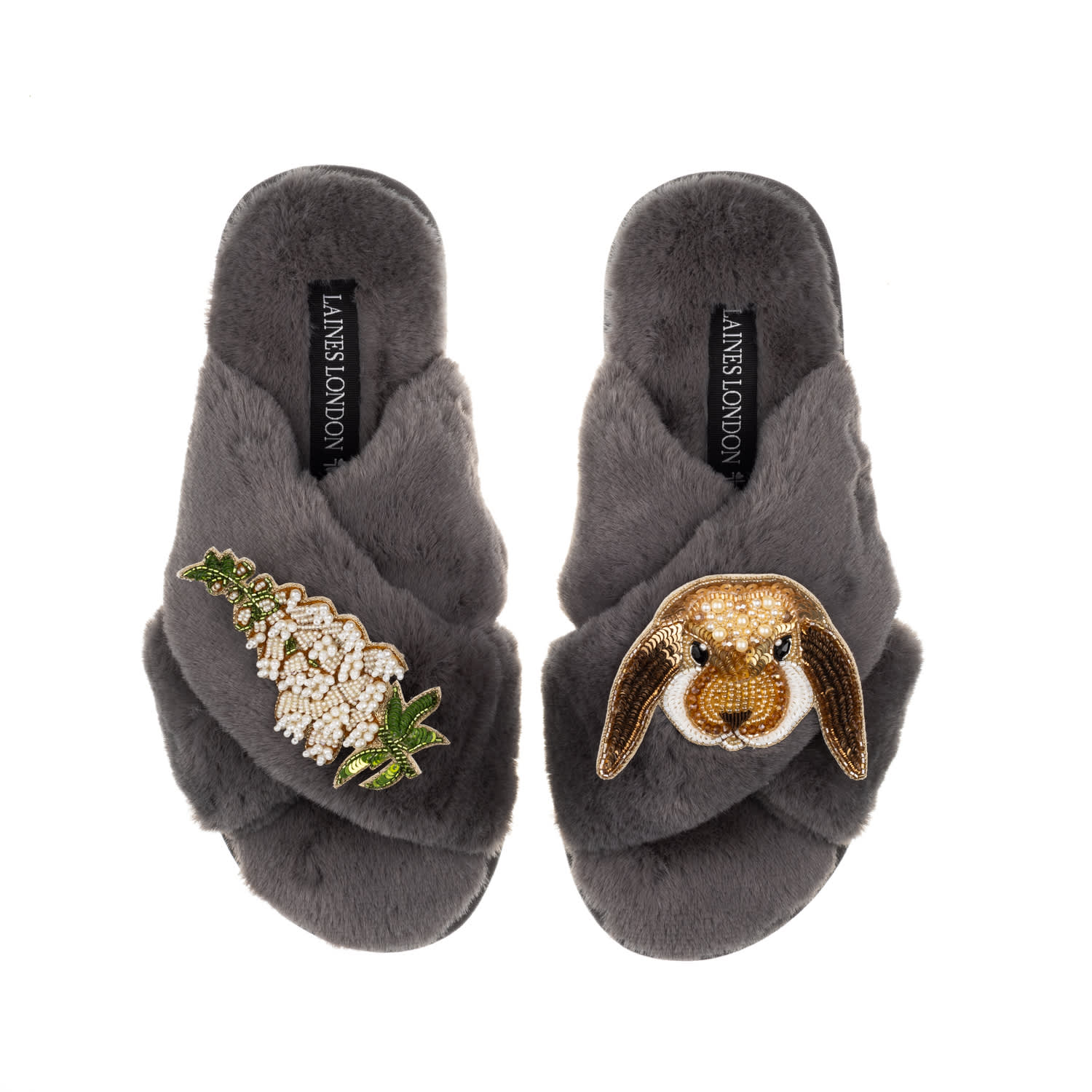 Laines London Women's Classic Laines Slippers With Bunny & White Foxglove Flowers Brooches - Grey In Grey