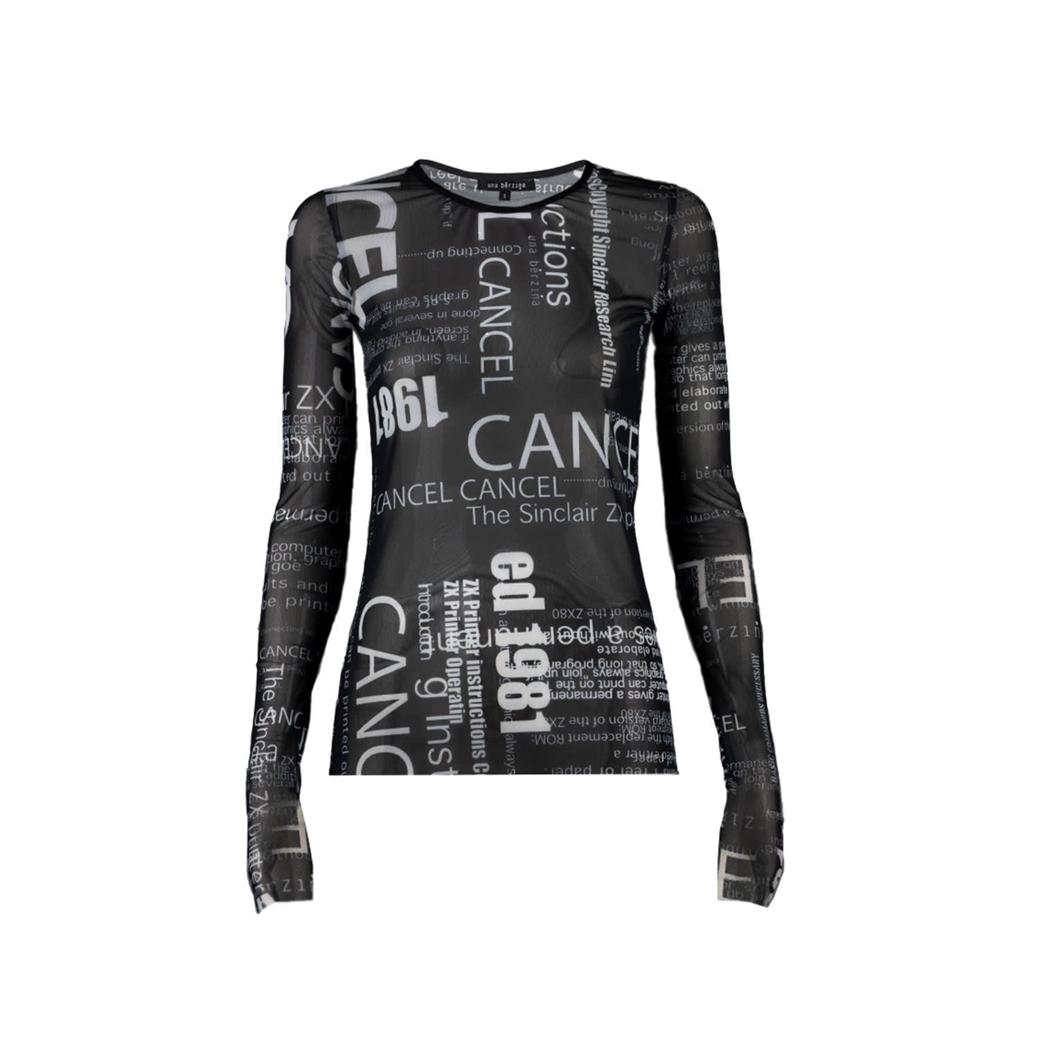 Una Berzina Women's Black Printed Sheer Mesh Top "cancel/print" In Black