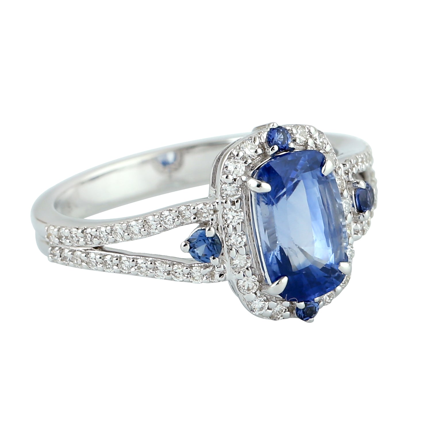 Women’s Blue / White Solid 18K White Gold Blue Sapphire & Diamond Solitaire With Accents Ring Jewelry Artisan