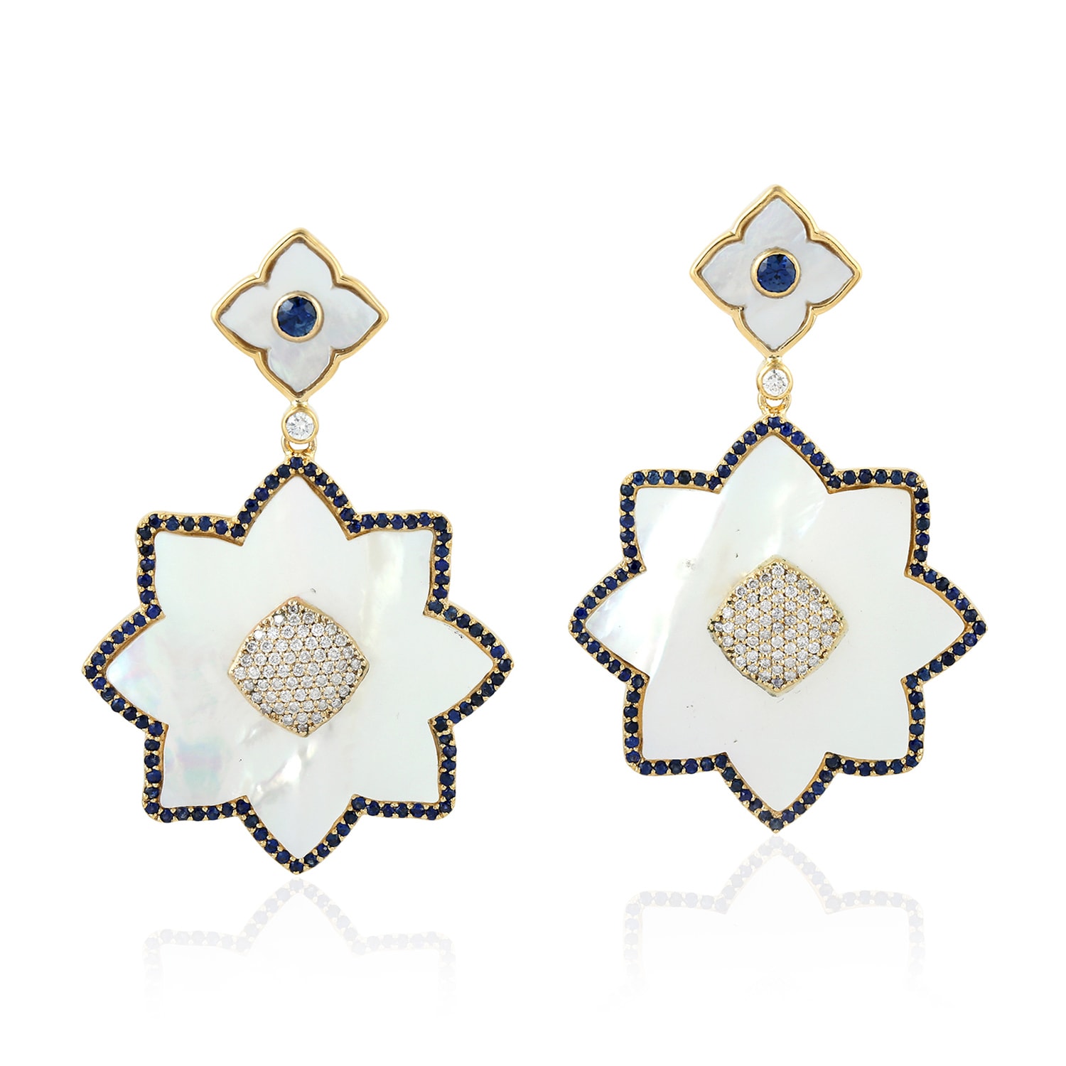 Artisan Women's Blue / White / Gold Mother Of Pearl & Blue Sapphire Blossom Earrings In 18k Gold In Multi
