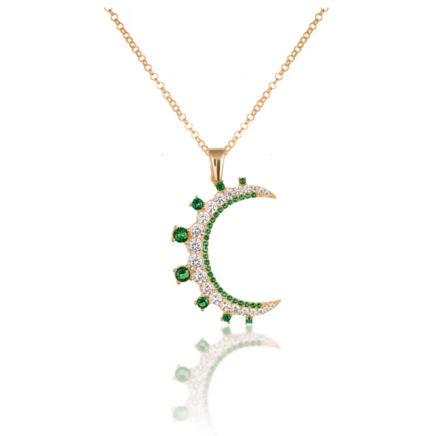 Women’s Gold Crescent Moon Necklace Emerald Stone White Topaz Moon Phase Pendant Selen Jewels