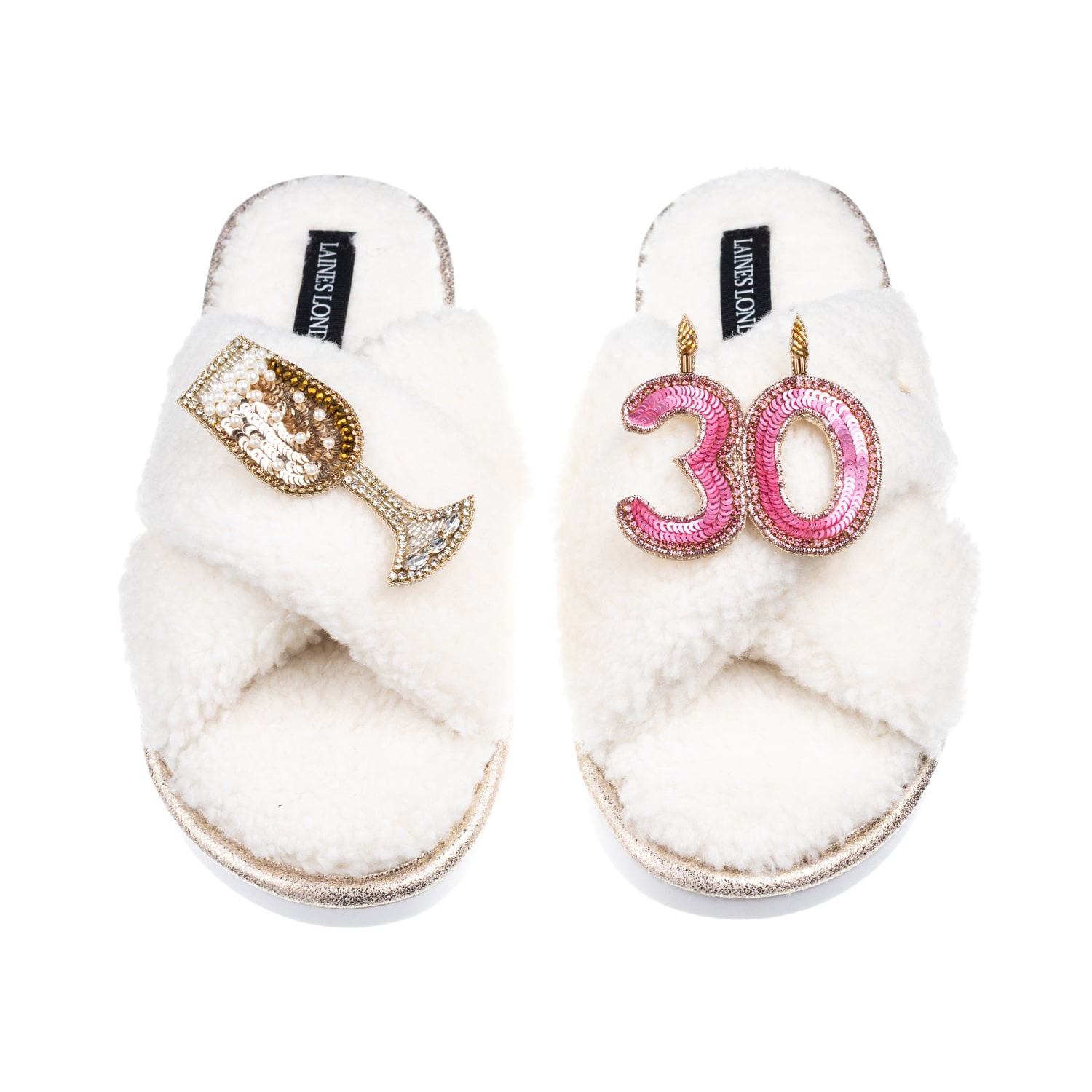 Laines London Women's Neutrals / White Laines Neutral Boucle Slippers With 30th Birthday & Champers Brooches - Cre