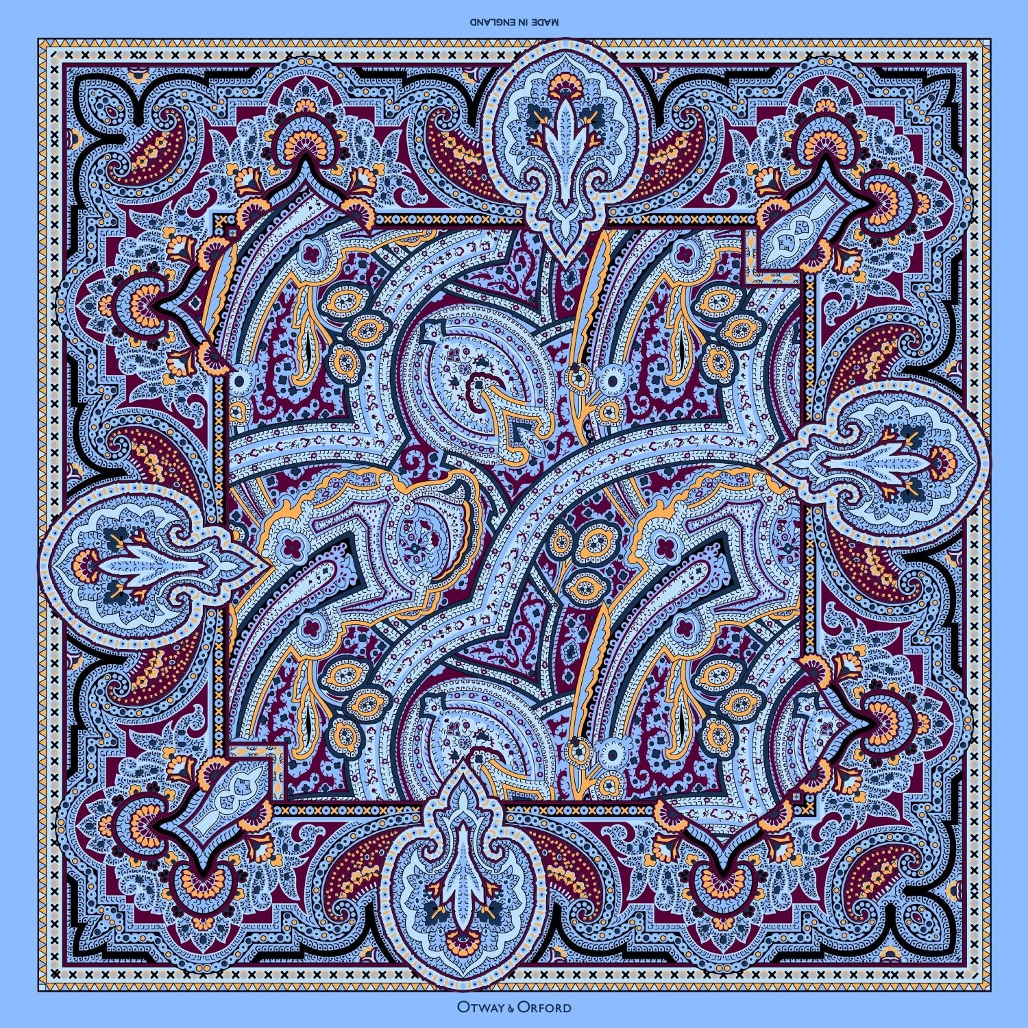 Otway & Orford Men's Gold / Blue 'labyrinth' Paisley Silk Pocket Square In Blue, Burgundy & Gold. Full-size. In Multi