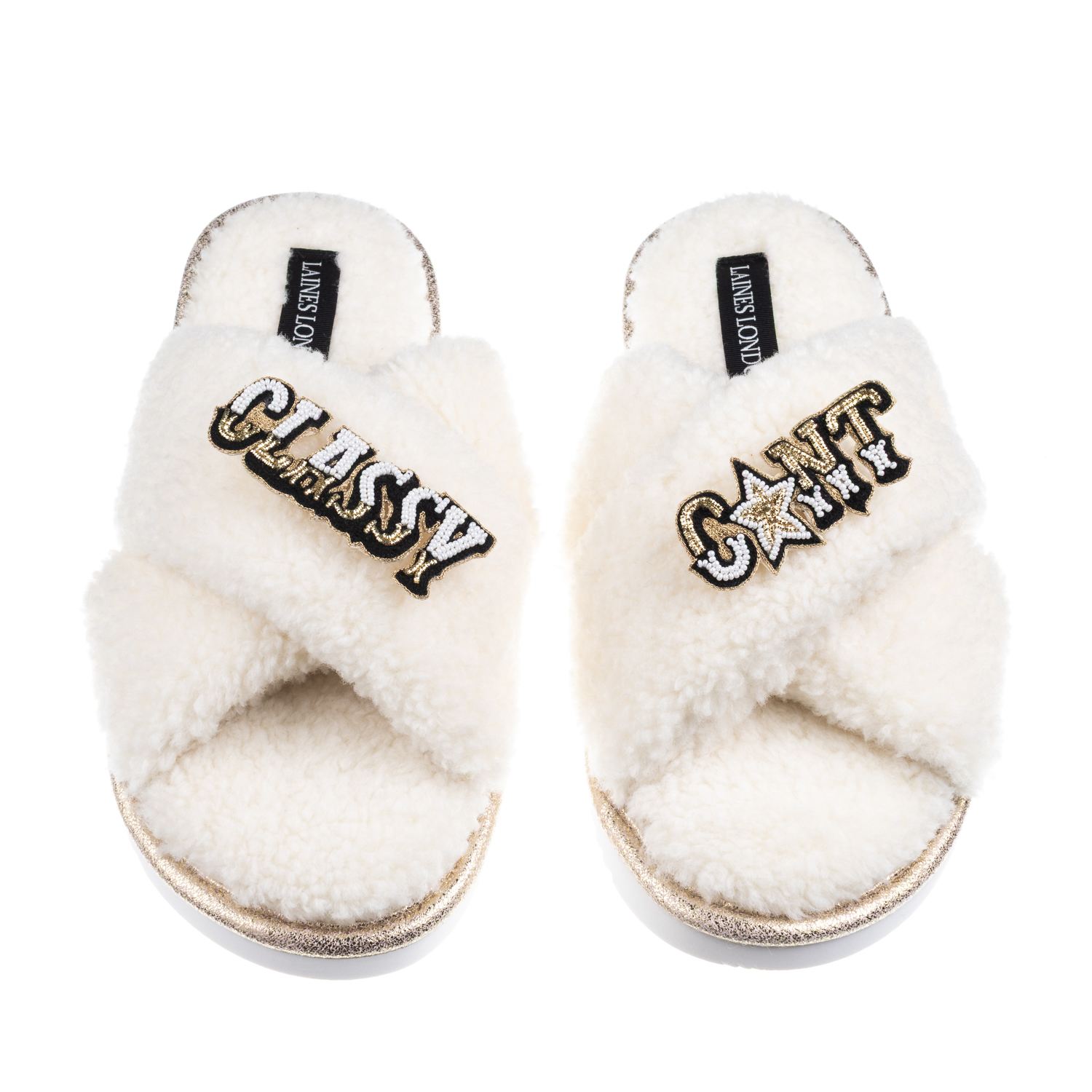 Laines London Women's Neutrals / White Laines Neutral Boucle Slippers With Classy Cunt Brooches - Cream In White