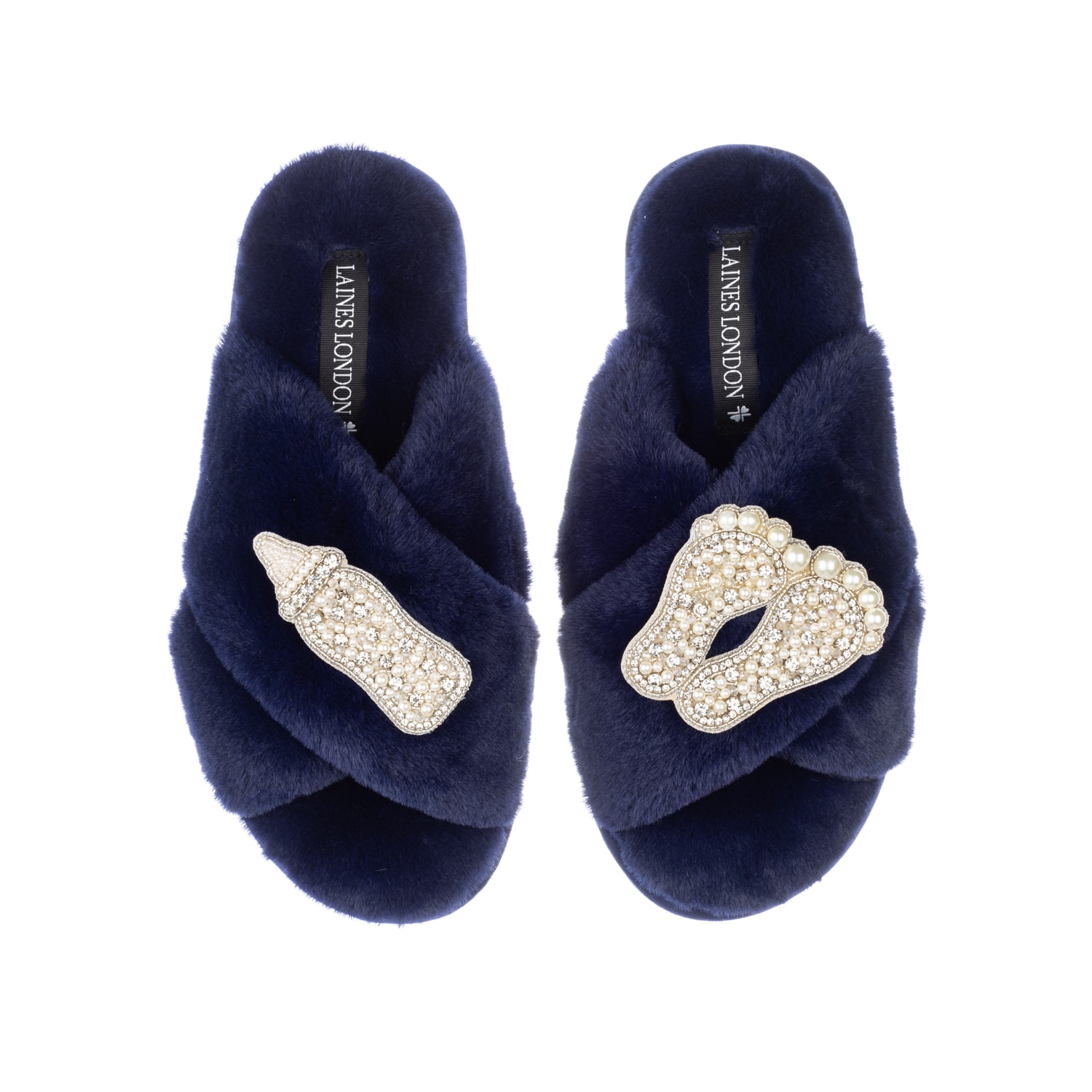 Laines London Women's Blue Classic Laines Slippers With Pearl New Baby Brooches - Navy In Blue