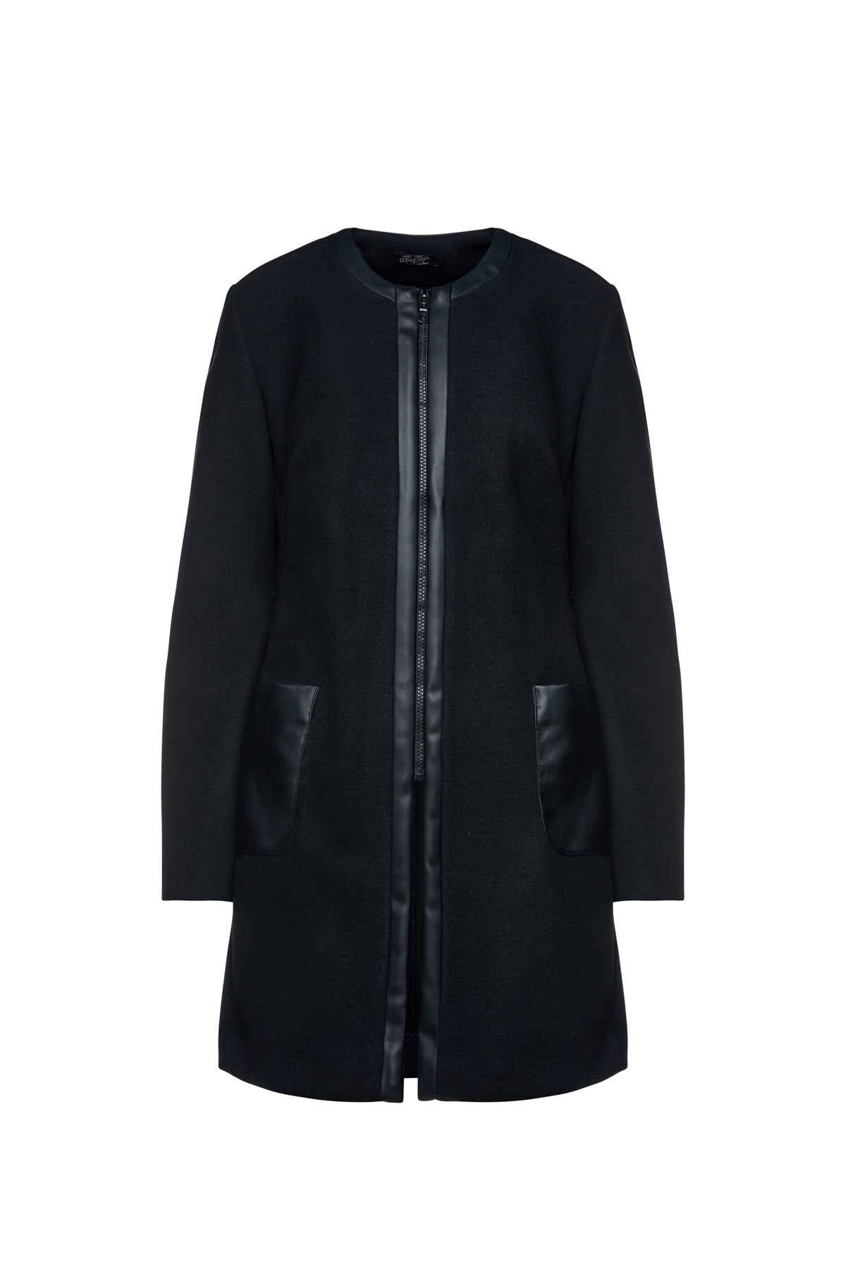 Women’s Black Mouflon Coat With Faux Leather Detail Extra Large Conquista