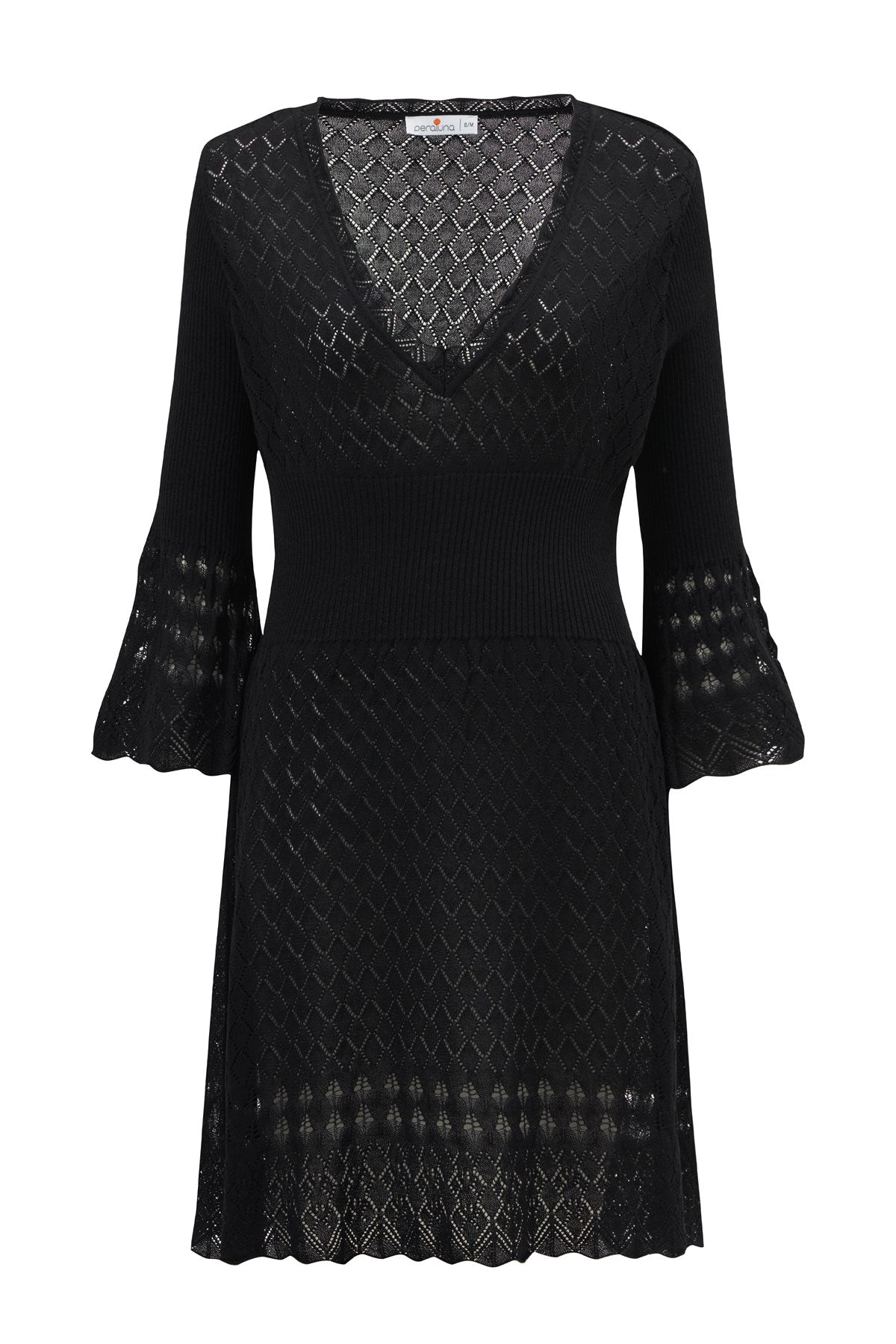 Women’s Yoho Openwork V-Neck Knit Mini Dress In Black L/Xl Peraluna