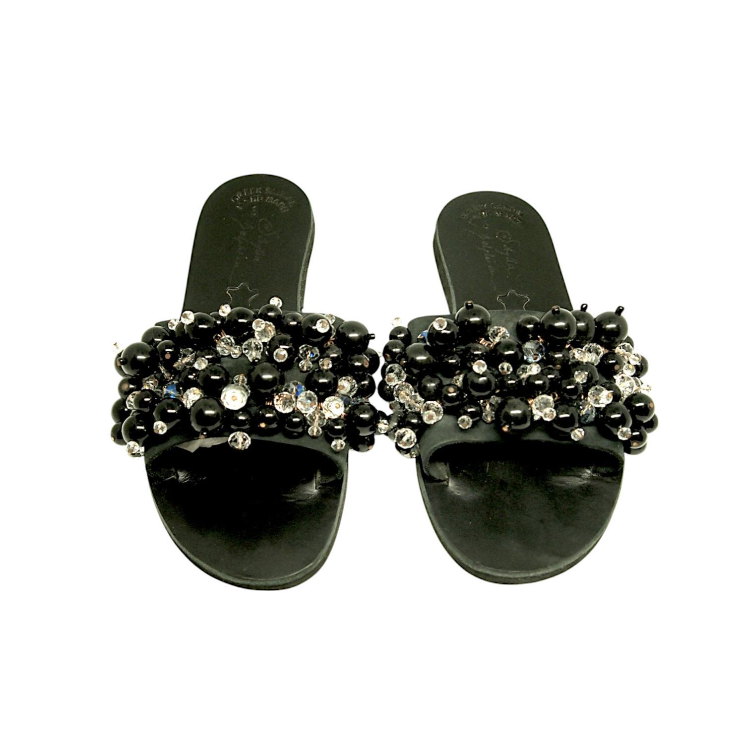 Sibylla Delphica Women's Black Jeweled Leather Sandals Full Of Crystals Hermia Black In Black