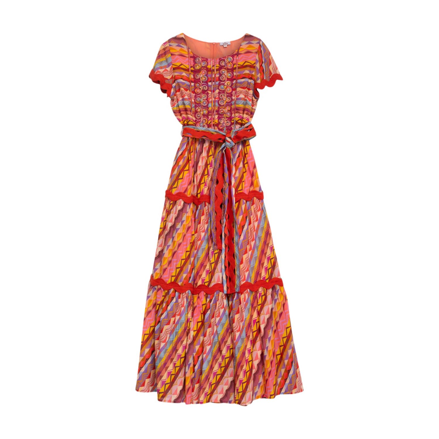 Niza Women's Red Midi Dress With Contrasting Print And Bow In Multi