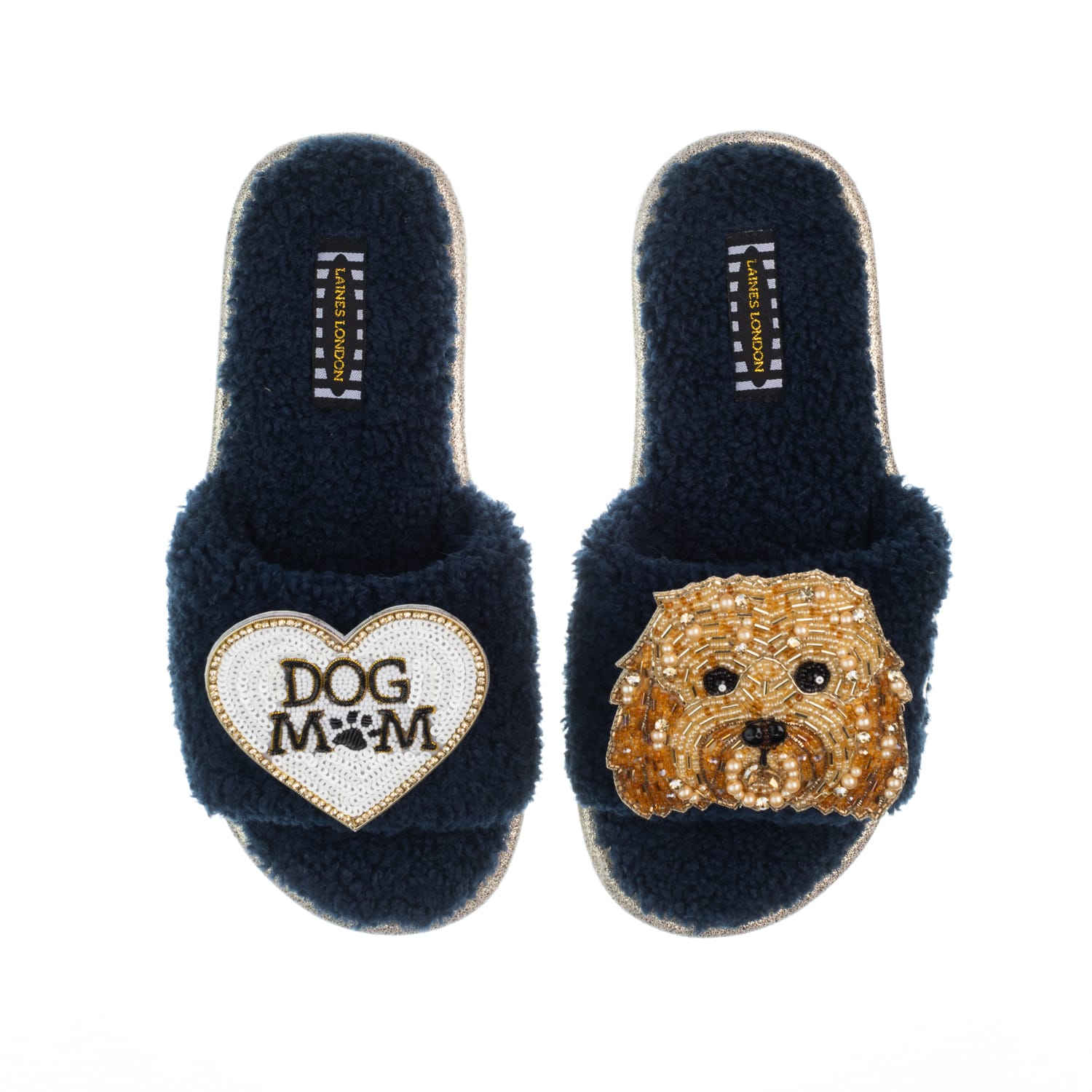 Teddy Toweling Slippers With Enki Doo The Cockapoo Dog Mum Mom Brooches Navy by LAINES LONDON