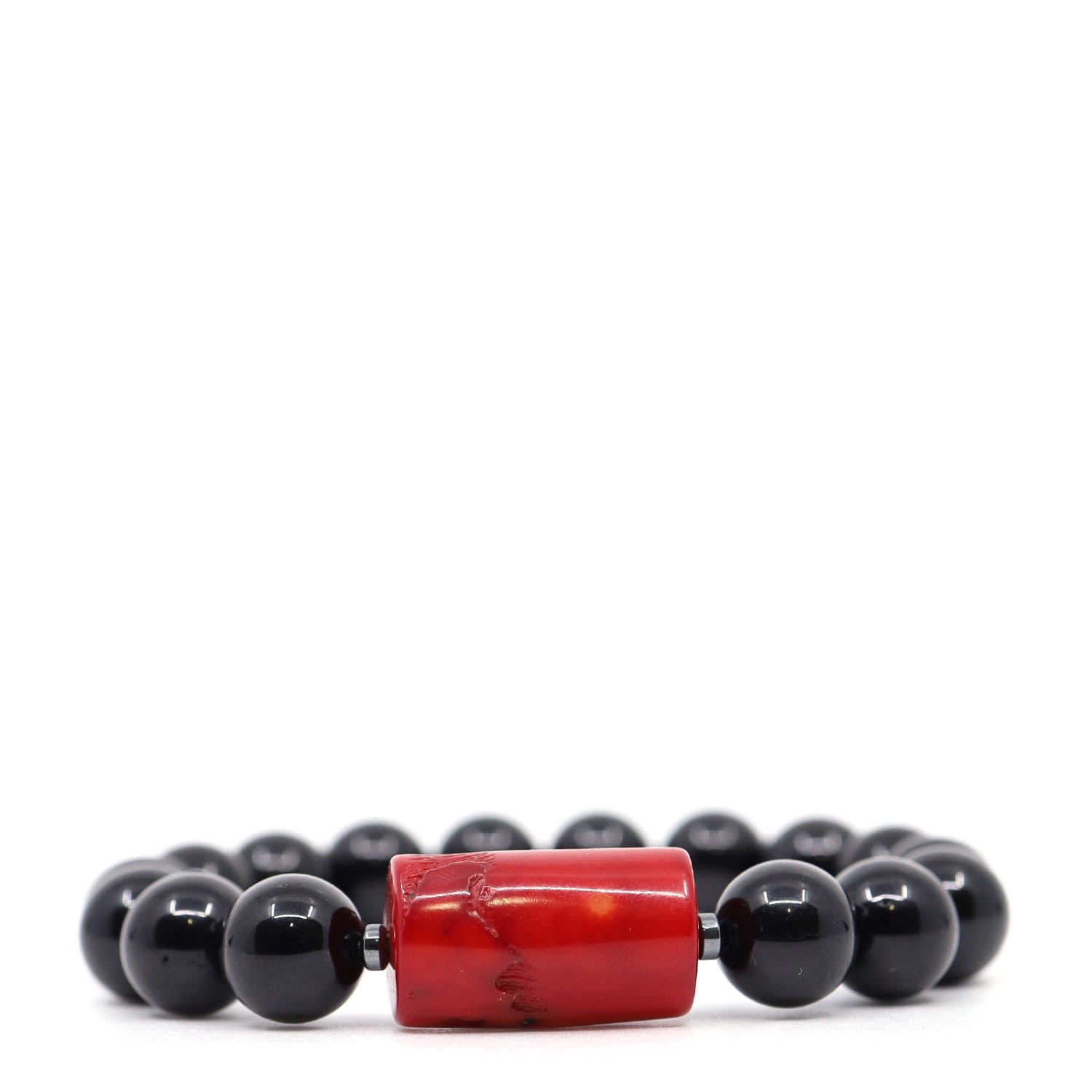 Shar Oke Men's Black / Red Black Tourmaline & Red Coral Beaded Bracelet