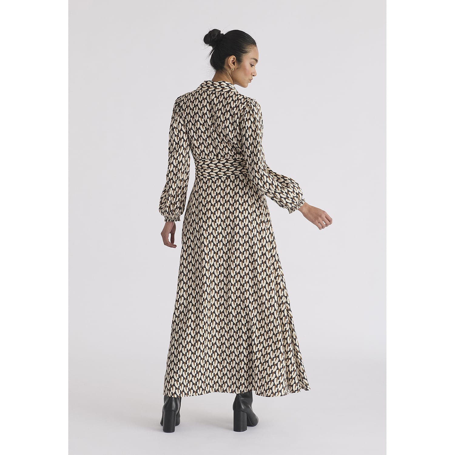 Geometric Print Maxi Shirt Dress In Navy, Beige & Mustard Geometric Print Maxi Shirt Dress In Navy, Beige & Mustard