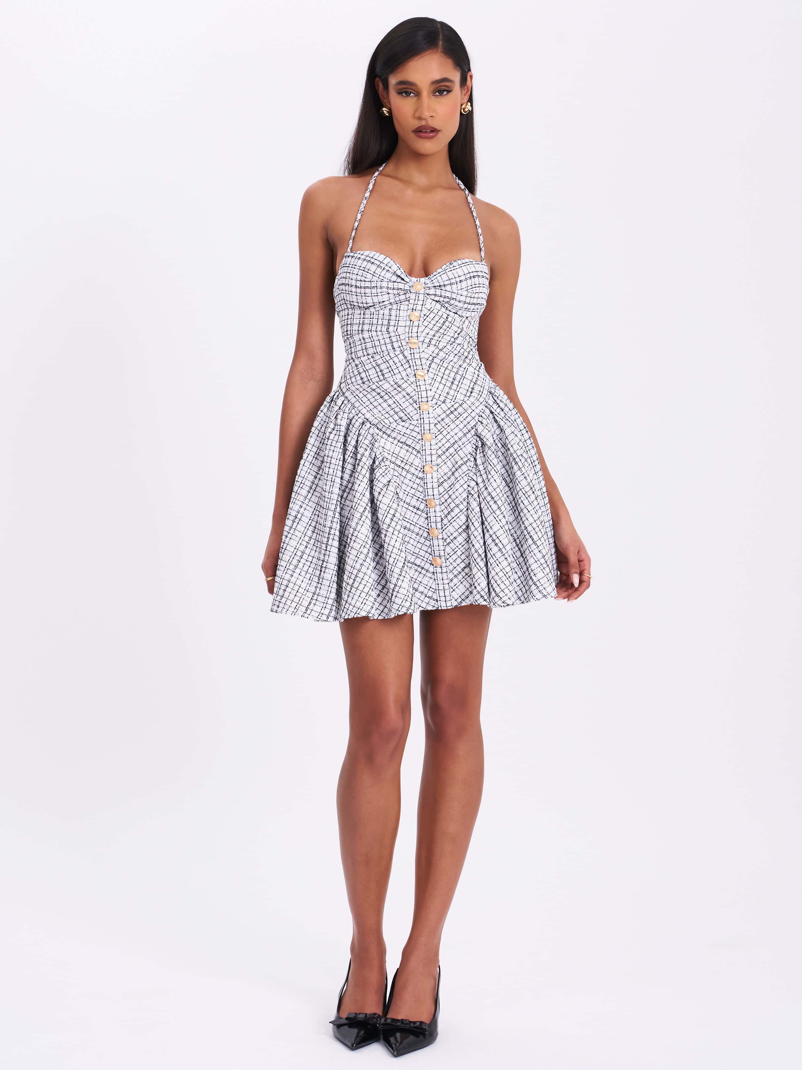 Melody Black & White Plaid Tweed Halter Drop Waist Mini Dress | Miss Circle  New York | Wolf & Badger