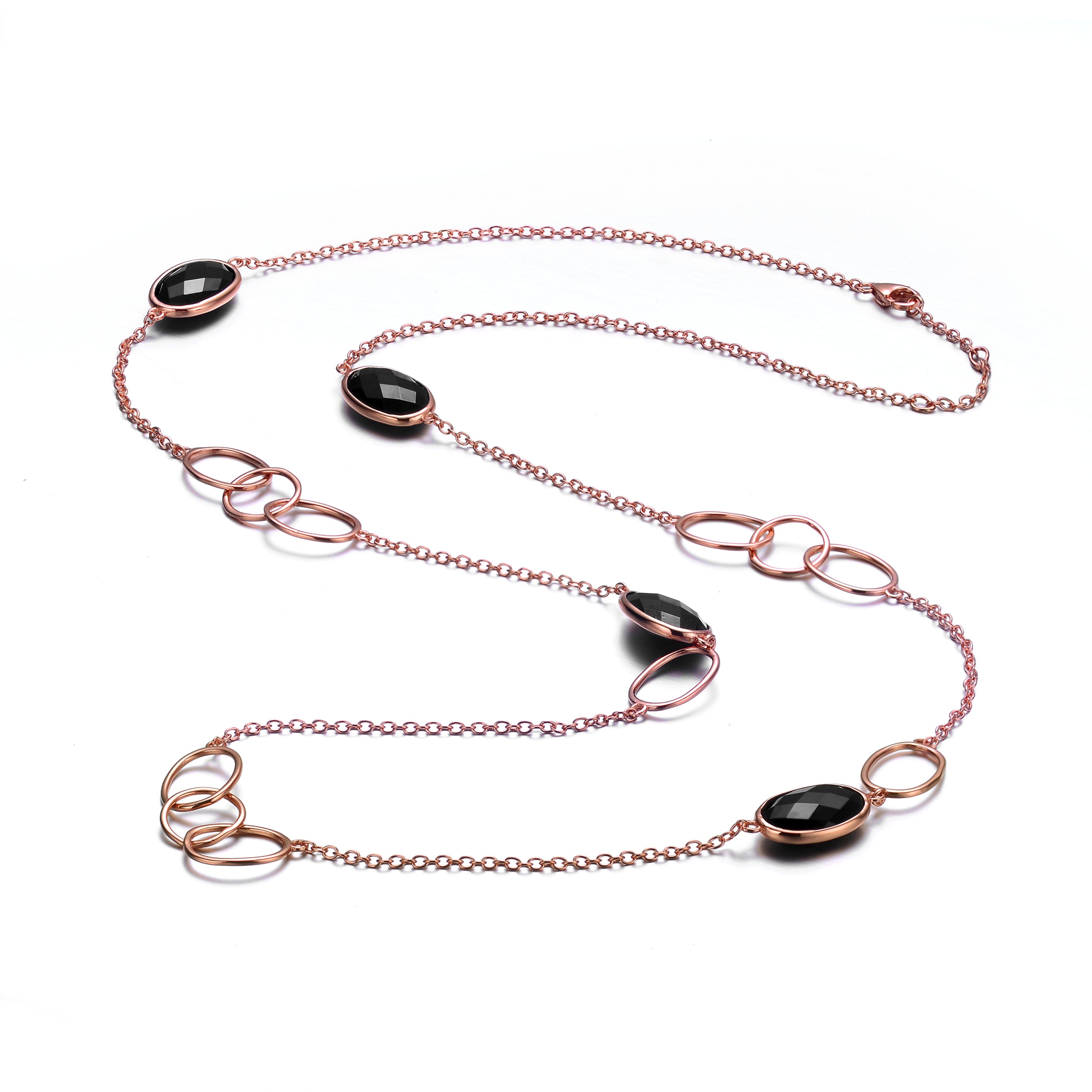 Genevive Jewelry Women's Black / Rose Gold Sterling Silver Black Oval Cubic Zirconia Necklace In Multi