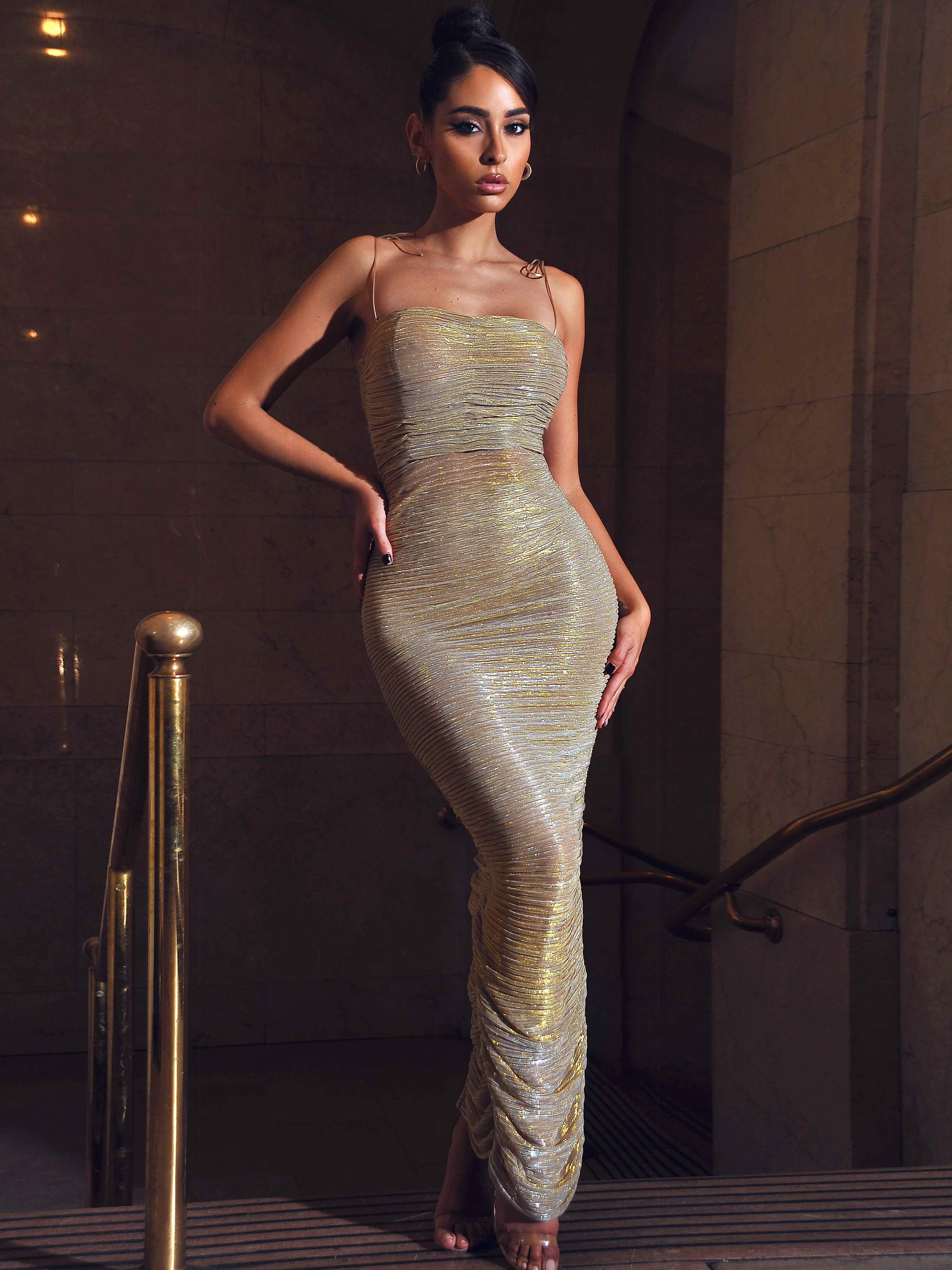 The Glint Gold Ruched Chiffon Long Maxi Dress | Miss Circle New York | Wolf  & Badger