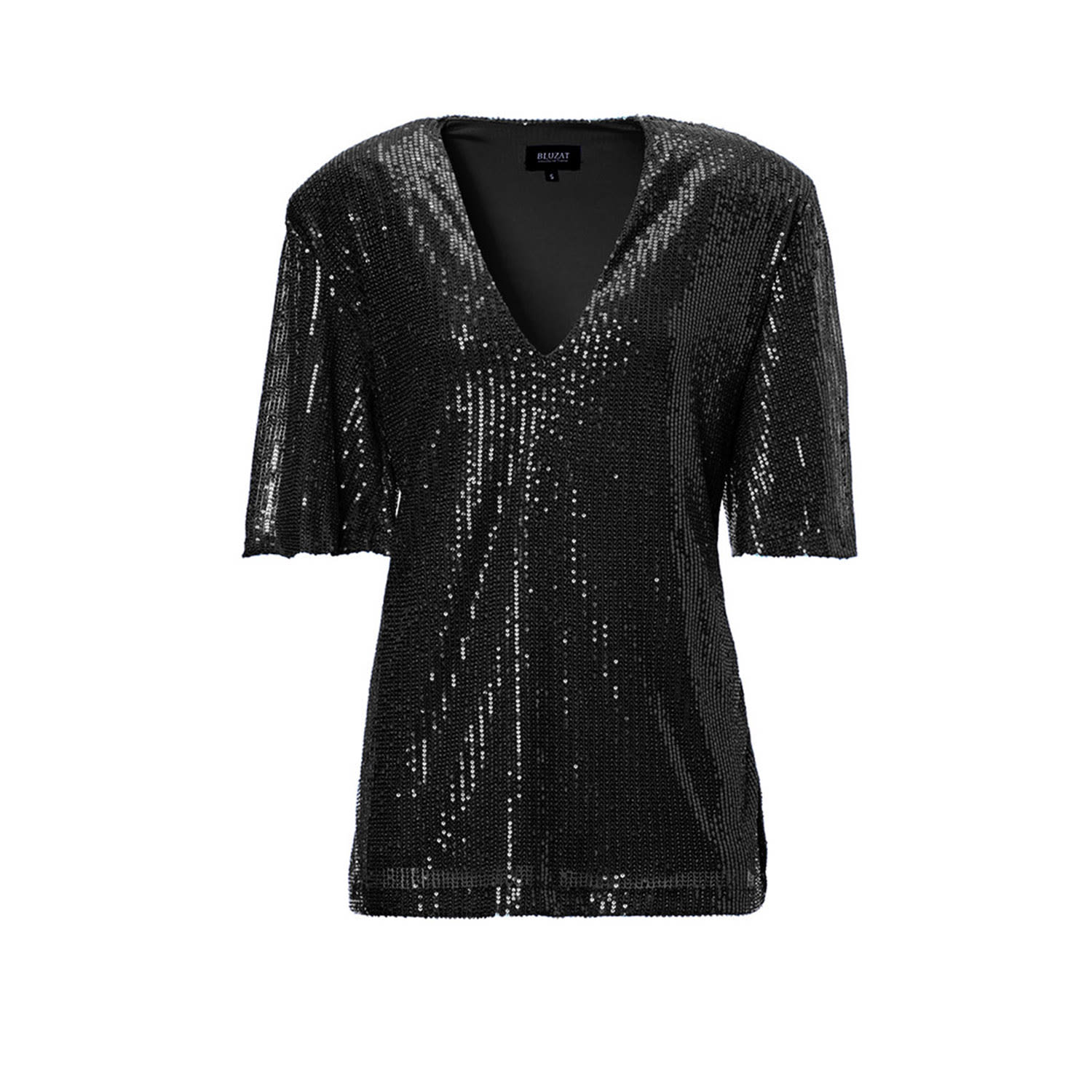Bluzat Women's Oversized Black Sequined Blouse With Side Slit In Black
