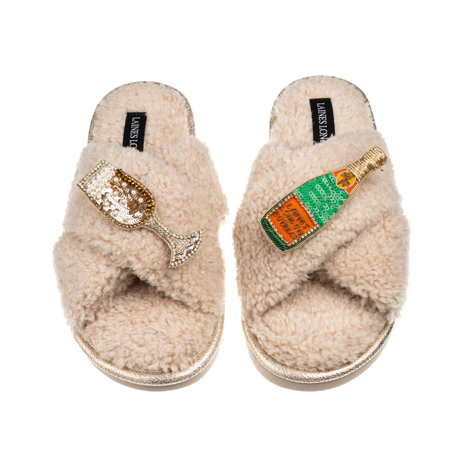 Laines London Women's Brown / Neutrals Laines Neutral Boucle Slippers With Laines Champers Brooches - Oatmeal
