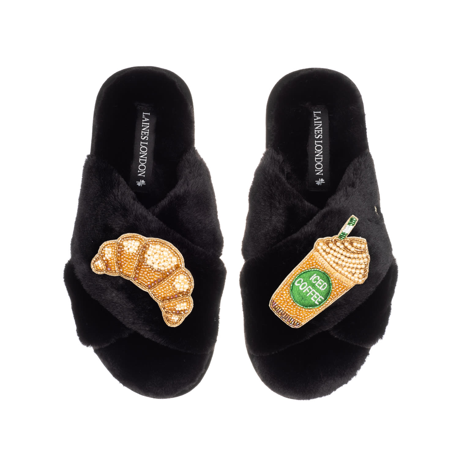 Laines London Women's Classic Laines Slippers With Iced Coffee & Croissant Brooches - Black In Black