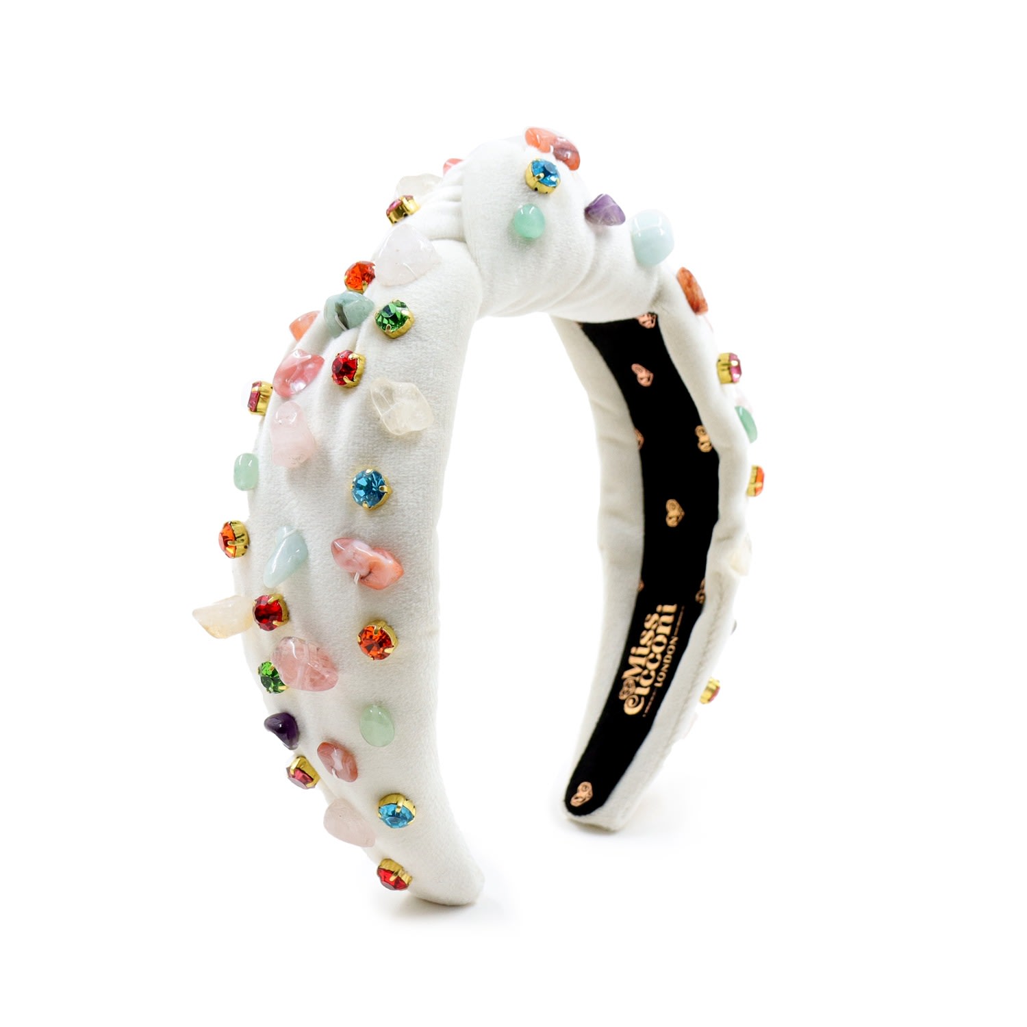 Women's White Alba - Headband - Ivory Velvet With Multi-Coloured Chakra Stones | Miss Cicconi