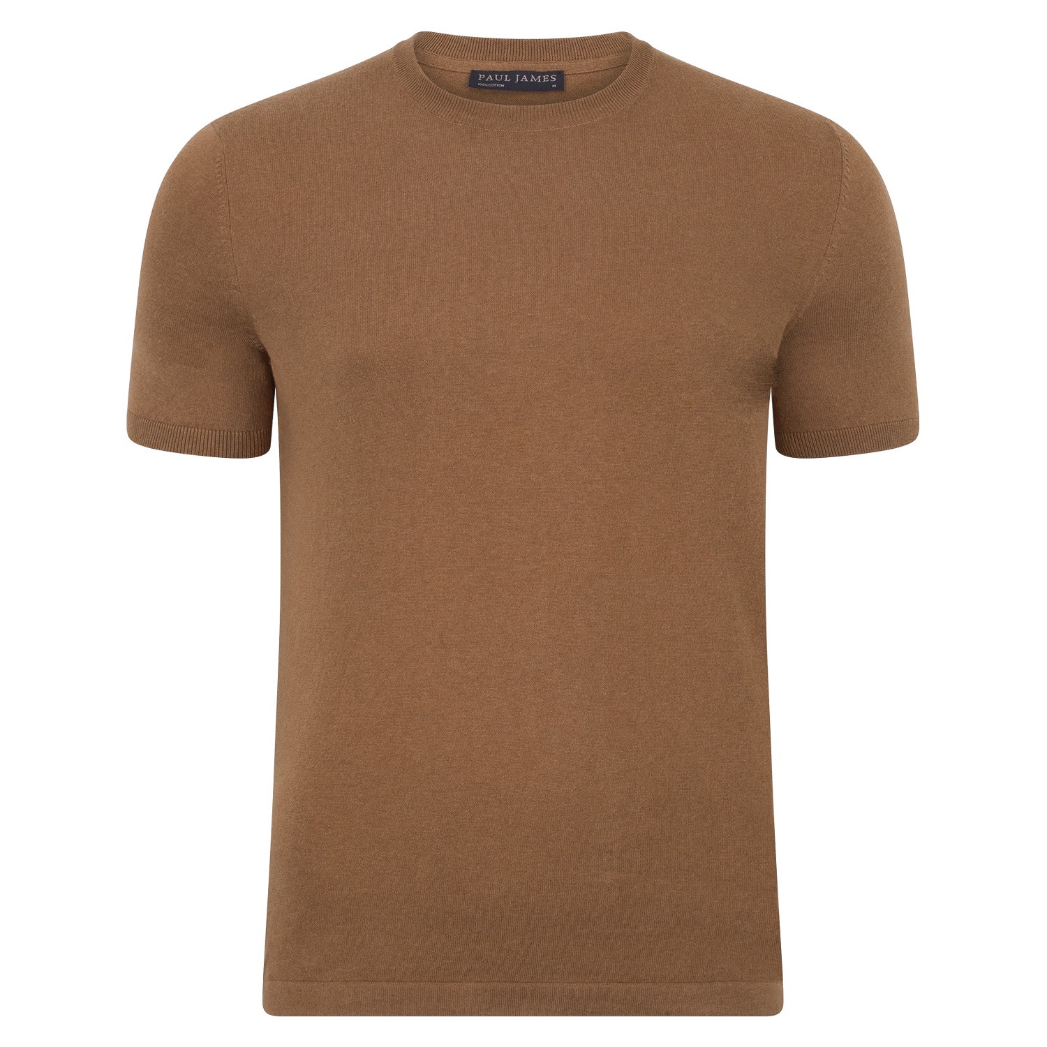 Brown Mens Ultra-Fine Cotton Hugo Knitted T-Shirt - Camel Small Paul James Knitwear